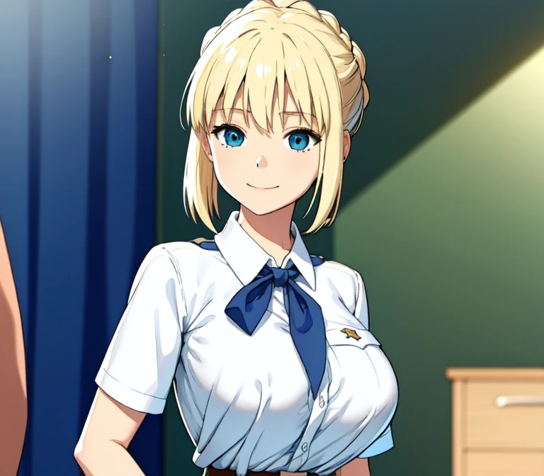 one very young slim fit girl, full height, rounded face, big blue eyes, shy smile, perfect huge breasts, pioneer neckerchief, micro tight blue pleated skirt, bangs, tight white shirt, short sleeves, collared shirt, belt, red neckerchief, breast pocket, braid, hair ribbon, blue ribbon, short curly fluffy blonde hair, saber