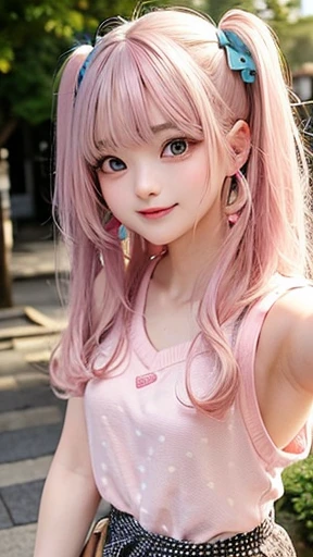 The arrival of autumn、small face、 (alone:1.5,)Super detailed,明るいcolor, very beautiful detailed anime face and eyes, look straight, shiny_skin,girl, (((虹colorの髪, colorful hair, Half white、half pink hair: 1.2))), 、shiny hair, delicate beautiful face, blush、Glasses、(turquoise eyes), , Valletta, earrings,、sunset、forest road、((Polka dot summer clothes、checked mini skirt,)))、(twin tails)、smile、happy face、face dyed red、color々pose、Full body portrait from head to toe、(I can see the whole body)