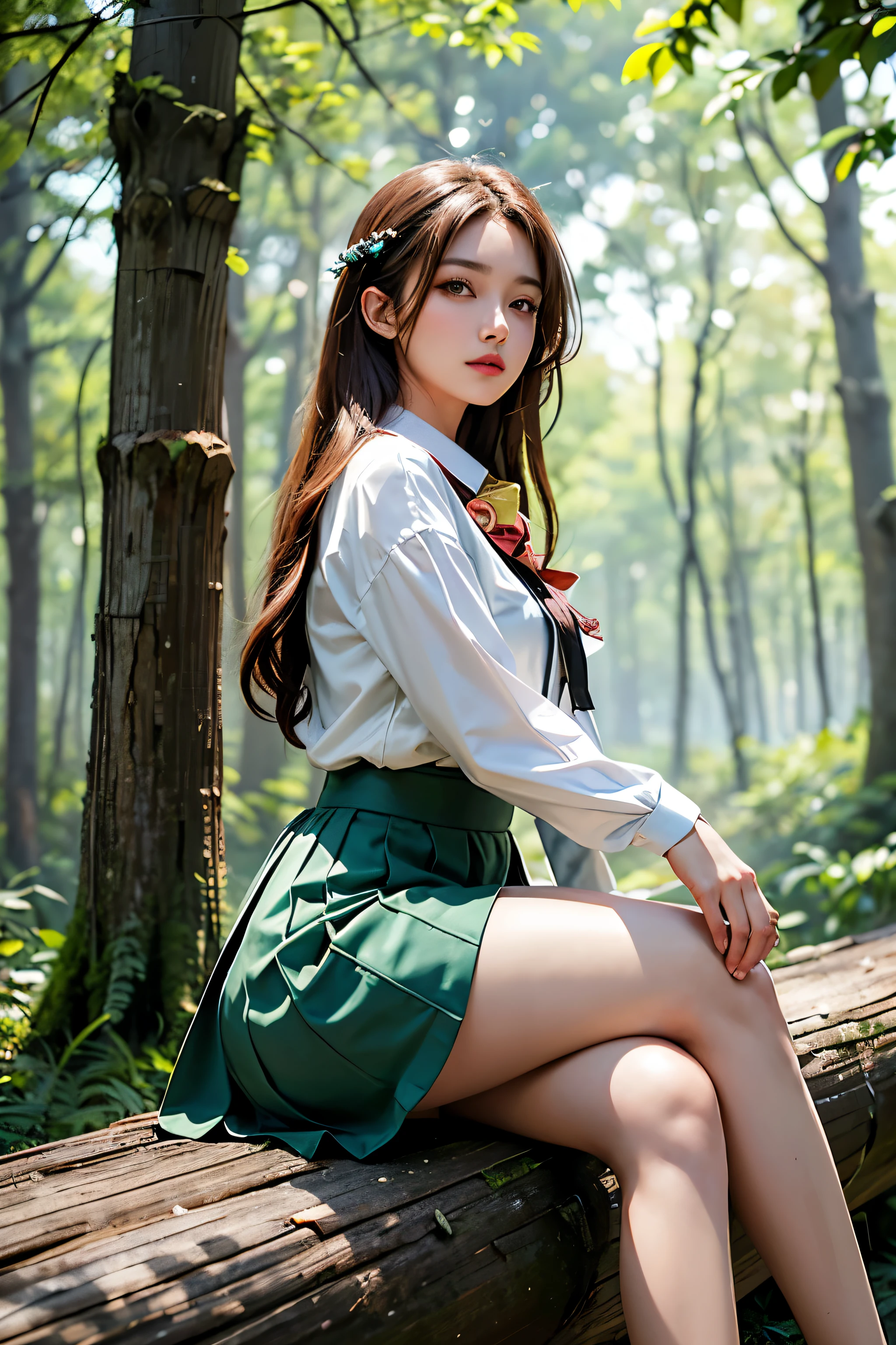 ((best quality)), ((masterpiece)), (detailed), perfect face, Arapé woman sitting on a log in the forest, korean beauty, thighs and skirt, different actions,