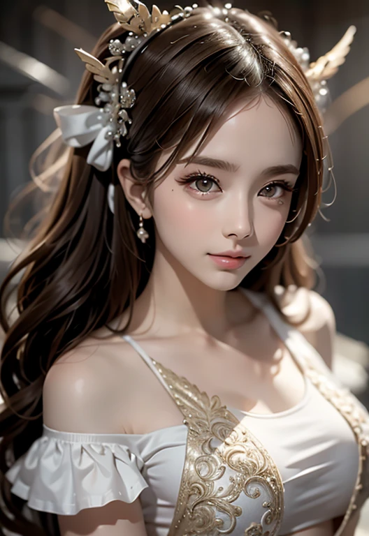 vest、masterpiece、Super high quality、realistic、girl、(beauty face 1.4 Maiden)、(medium breasts、Narrow waist)、Bokeh、micron、glowing skin、head w、beautiful clavicle、seductive pose、white crop top shirt、off shoulder