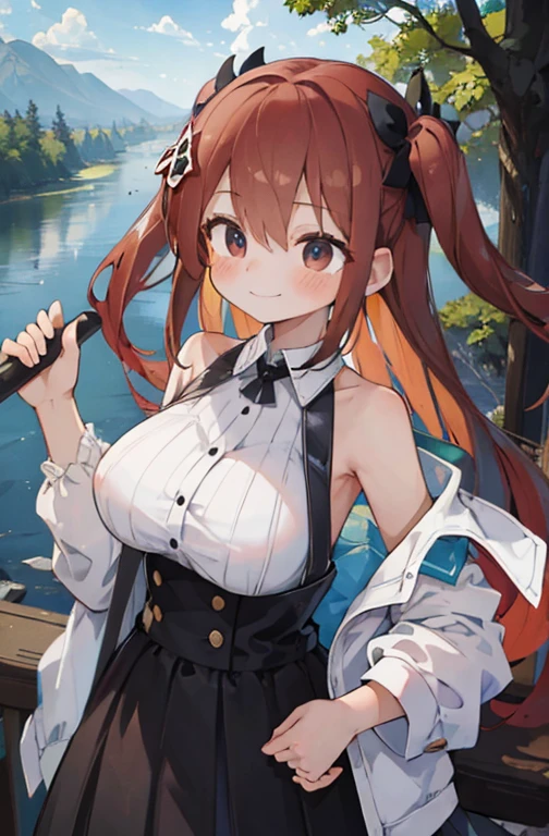 (masterpiece, highest quality:1.3), 1 girl, big breasts, morning, river, water, forest, halter neck, Are standing, two side up, chestnut hair, black eye, Happy tear, smile, Happy,