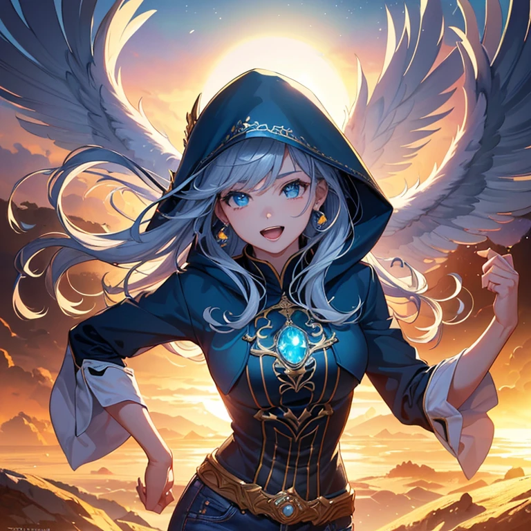 (4K,8K, highest quality, masterpiece:1.2)HDR, realistic, sunset, bright edge, beautiful and detailed sky, Shadow, wallpaper, towards the camera, (Keep a medium distance from the camera), hat, earrings, jeans, with blue accessories, long caperete, hoodie, silver hair, medium hair, look carefully, detailed background, whole body, plant "Glowing colorful", (Super detailed, realistic perfect strokes), ( perfect strokes ultra realistic), super well done realistic, laughing, Happy, animals in the background, Animals are watching, Celestial Harmony Park, wide field of view, 8k ultra hd, HDR, "realistic focus",Dense and detailed texture,detailed face,unique design,One and only,professional configuration,one scene,studio lighting,ultra wide angle,original elements,whole body描写,dynamic angle,symbol,dynamic lighting,professional color grading,Creative,extreme detail,glow effectト,ultra photorealisticim,8k ultra hd, HDR,unique design,One and only,magnificent composition,one scene,anime style,studio lighting,ultra wide angle,original elements,whole body描写,dynamic angle,symbol,dynamic lighting,professional color grading,Creative,extreme detail,glow effect