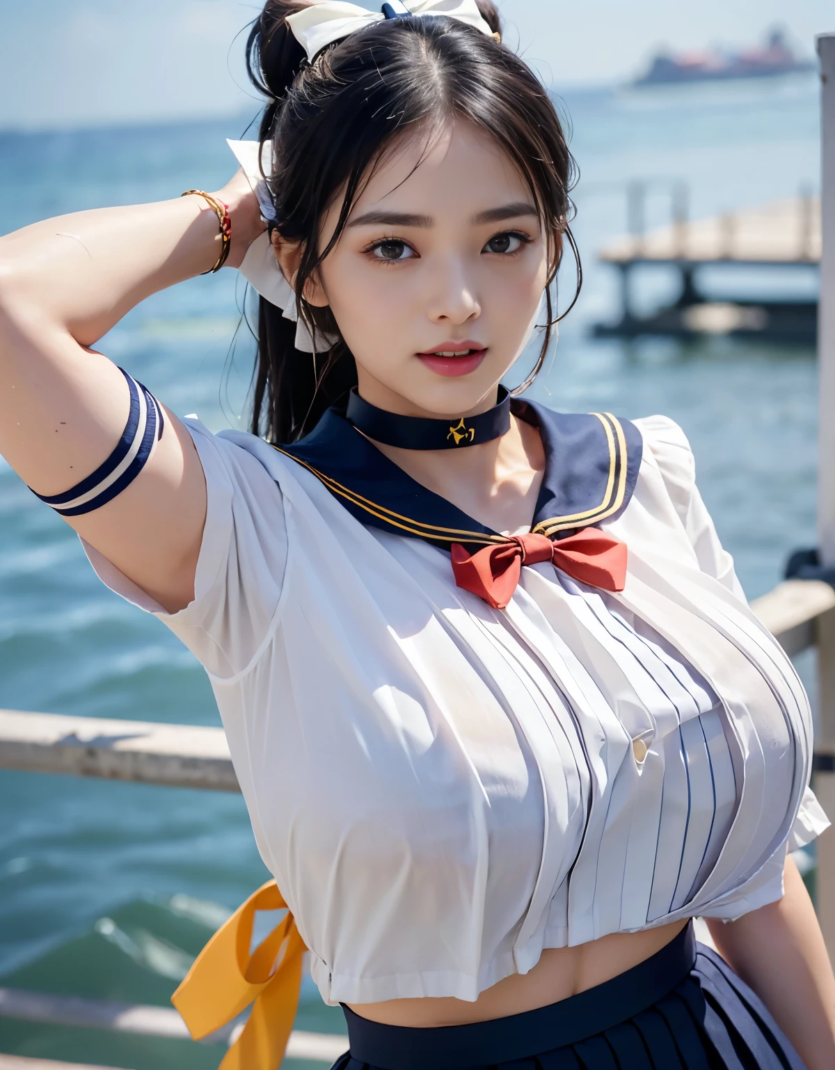 (((very heavy chest))),NSFW, 16k raw photos, highest quality, masterpiece, ultra high resolution, ((She is wearing Beautiful exposed redShe is wearing (a high school sailor uniform).
(navy sailor collar:1.4),(white shirt:1.4),(navy pleats skirt:1.4),(navy bow:1.4))).movie, 1 girl,((attractive expression)),eyes shine、 looking at the viewer, natural skin texture very heavy chest))),((( metal black ribbon around the neck))).star handle mold、((yellow eyes)),Realistic eye and face details, lip whole, lipstick makeup), fluffy ponytail hair, laughter, Beautiful feet, tall woman, ((glowing skin)),((Beautiful armpit)), slim_feet, huge breasts, cleavage, beautiful natural places, beautiful flower garden、(detailed background,highly exposed, huge breasts, blurred background,, JK ribbon on the neck, jk ribbon, golden hair, bracelet, water, bangs, split your lips、armpit、beautiful hip line、glowing skin、(((eyes shine brightly))),lotion skin、High leg、((black hair)),highly exposed、Skimpy pink luxury fur coat、beautiful sea background、wind effect、