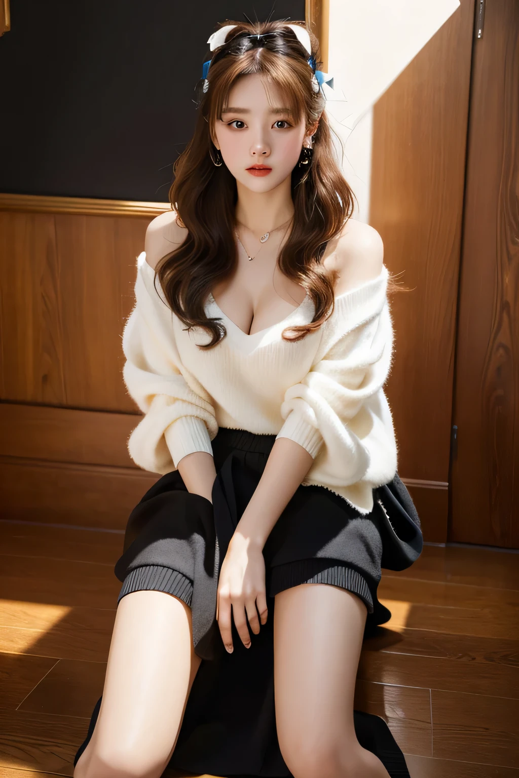 (masterpiece, best quality:1.2),a beautiful girl，Skin detail processing，The eyes are finely described，Delicate hair，wavy long hair，Long light hair，Wear a large bow on your head，Black Sweater，white dotiniskirt，Retro contrasting colors，clean background,Woman on all fours、The cleavage visible through the gap in the T-shirt
