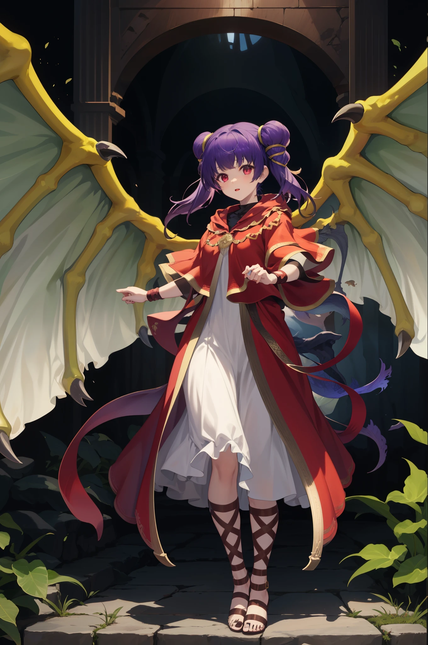 myrrh_fe, white dress, sandals, wristband, dragon wings, purple hair