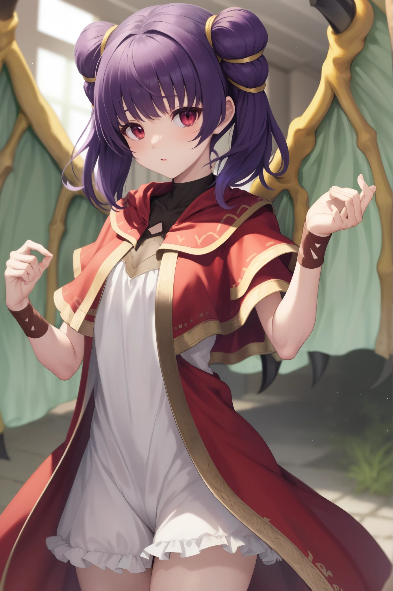 myrrh_fe, white dress, wristband, dragon wings, purple hair, upper body, cowboy shot