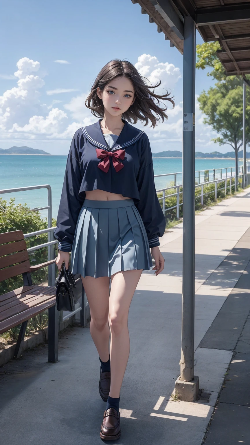 ((最high quality, 8K, masterpiece: 1.3, Ultra HD, high quality, 最high quality, High resolution, realism)) 、An extremely beautiful 18-year-old Japanese woman、hair color is black、black eye、medium hair、straight hair、smile、Slender but well-proportioned muscular body、Athlete-like body type、I don't want my head to disappear from the screen.、Walk on a high seawall at the beach、I put my hand on my forehead and look at the sea、The blue sky is beautiful、There is an entrance cloud、It's summer、sailor suit((summer clothes))wear、Wear a navy blue pleated skirt、wear loafers、There is a road in front of the breakwater、There is a bus stop