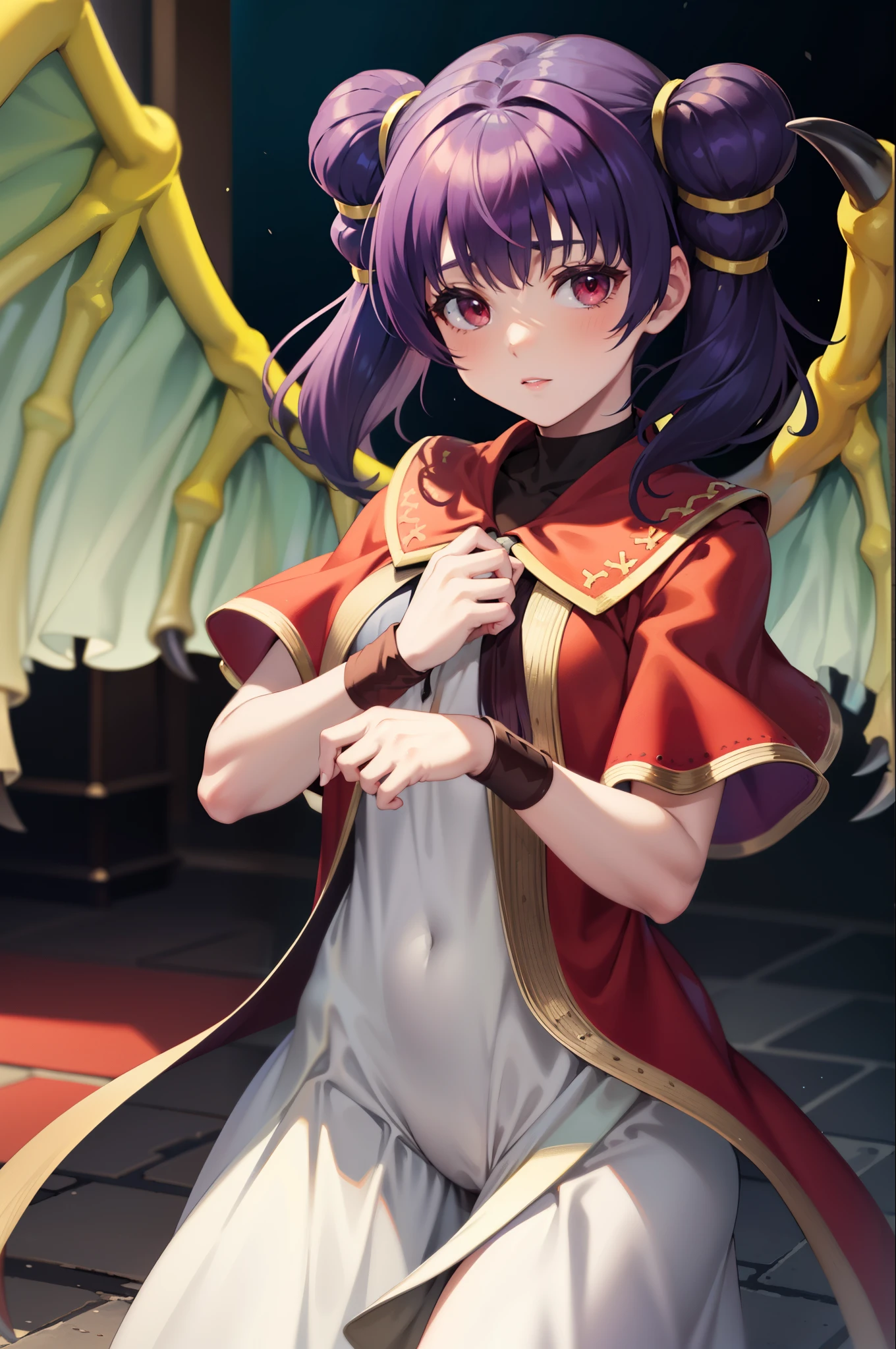 myrrh_fe, white dress, wristband, dragon wings, purple hair, upper body, cowboy shot