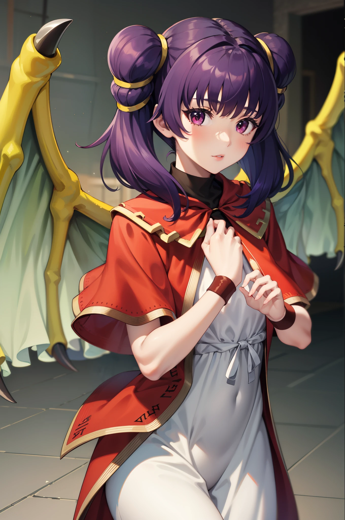 myrrh_fe, white dress, wristband, dragon wings, purple hair, upper body, cowboy shot