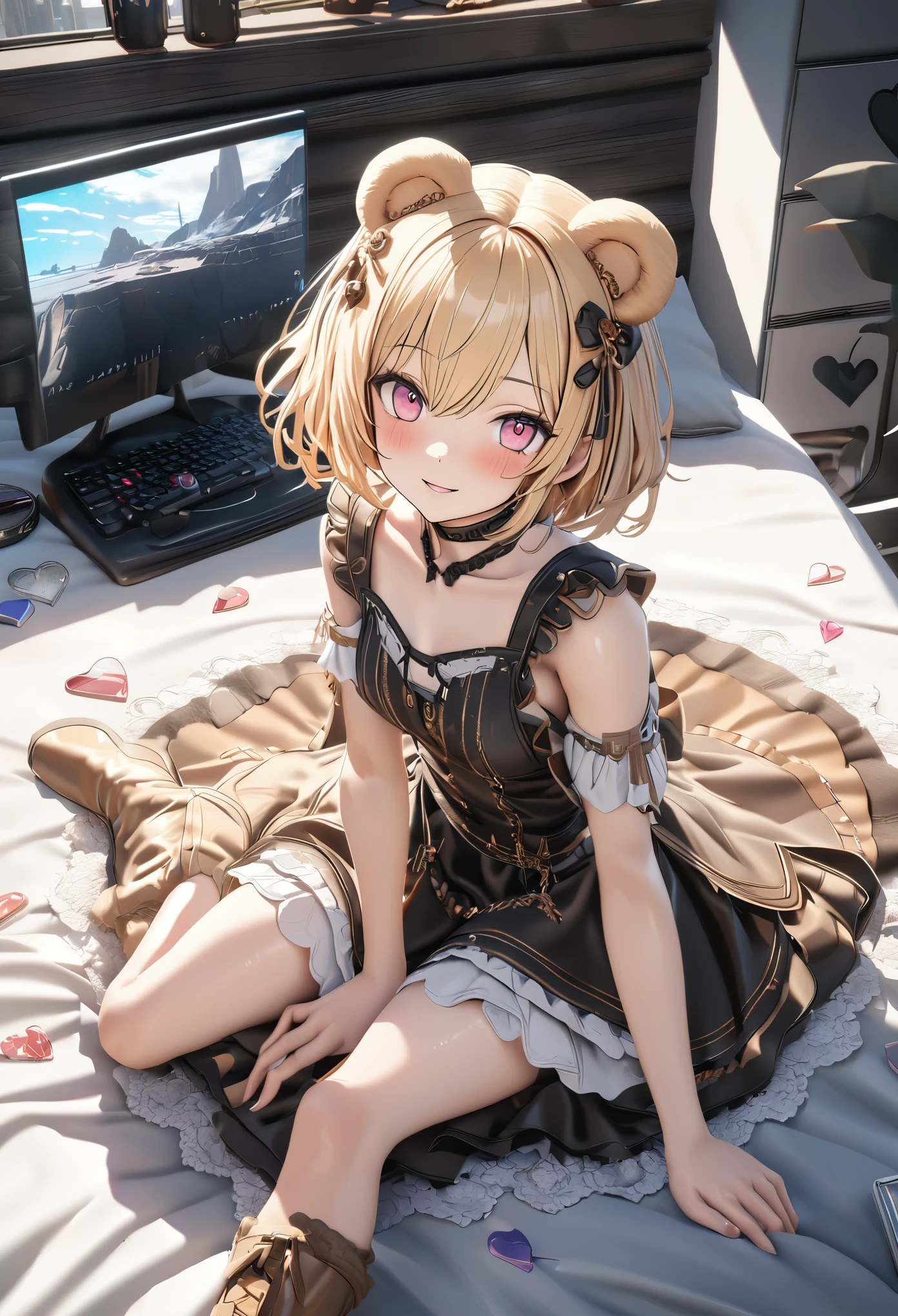 masterpiece,highest quality, Super detailed, High resolution, expensive resolution, HDR, 4k, 8K, unity 8k wallpaper, Super detailed CG, masterpiece, photo-realistic, 2D, 3D, beautiful details, depth, fine texture , super fine: 1.3, Fully focused, Crispy.skin, .he,
Very cute anime girl with blonde short hair wearing expensive , one girl,he女の名前はクレア、 smile、alone, blonde short hair, animal ears, bear ears, Idol、cute costumes、knee high boots、whole body、computer、disk、mole under the eye, looking at the viewer , expensive , blush, mole, bear ears, parted lips, hair ornaments, heart, pink eyes, choker