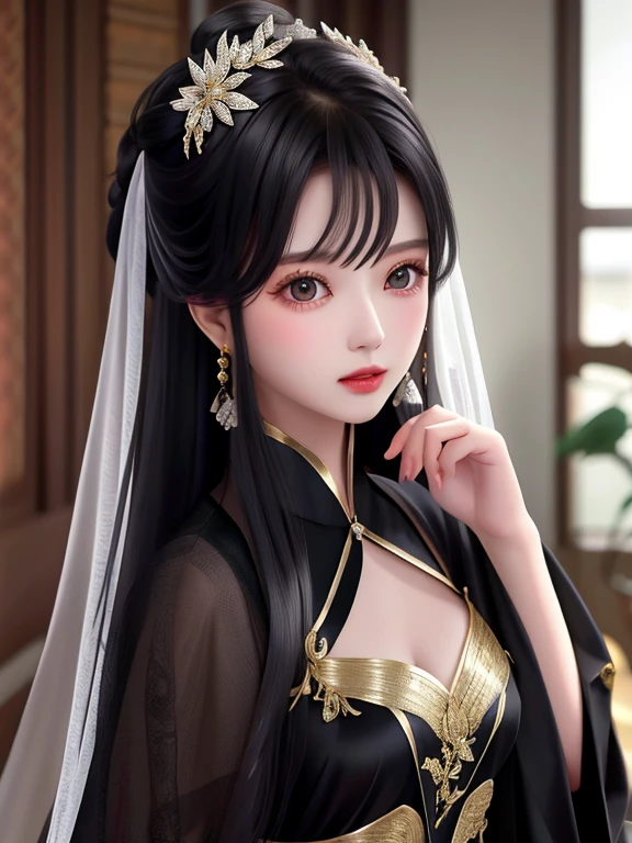 lace,1girl, solo, black hair, chinese clothes, chinese dress, masterpiece, best quality, ultra-detailed, high details, super detail, high quality, ((4K, 8k, 16k, UHD)),, (high detailed skin:1.2),  textured skin,(Beautiful face:0.3),(natural skin texture:1.2),finely detailed beautiful eyes: 1.2), realistic, shiny skin, shiny face, lustrous skin, shiny skin