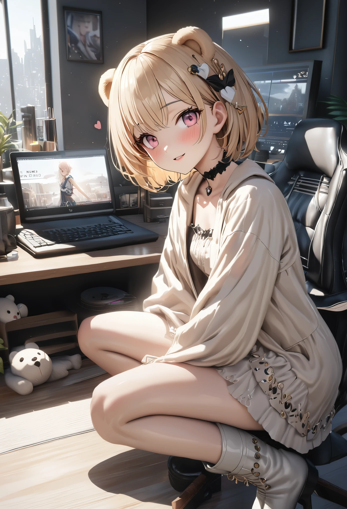 masterpiece,highest quality, Super detailed, High resolution, expensive resolution, HDR, 4k, 8K, unity 8k wallpaper, Super detailed CG, masterpiece, photo-realistic, 2D, 3D, beautiful details, depth, fine texture , super fine: 1.3, Fully focused, Crispy.skin, .he,
Very cute anime girl with blonde short hair wearing expensive , one girl,he女の名前はクレア、 smile、alone, blonde short hair, animal ears, bear ears, Idol、cute costumes、knee high boots、whole body、computer、disk、mole under the eye, looking at the viewer , expensive , blush, mole, bear ears, parted lips, hair ornaments, heart, pink eyes, choker