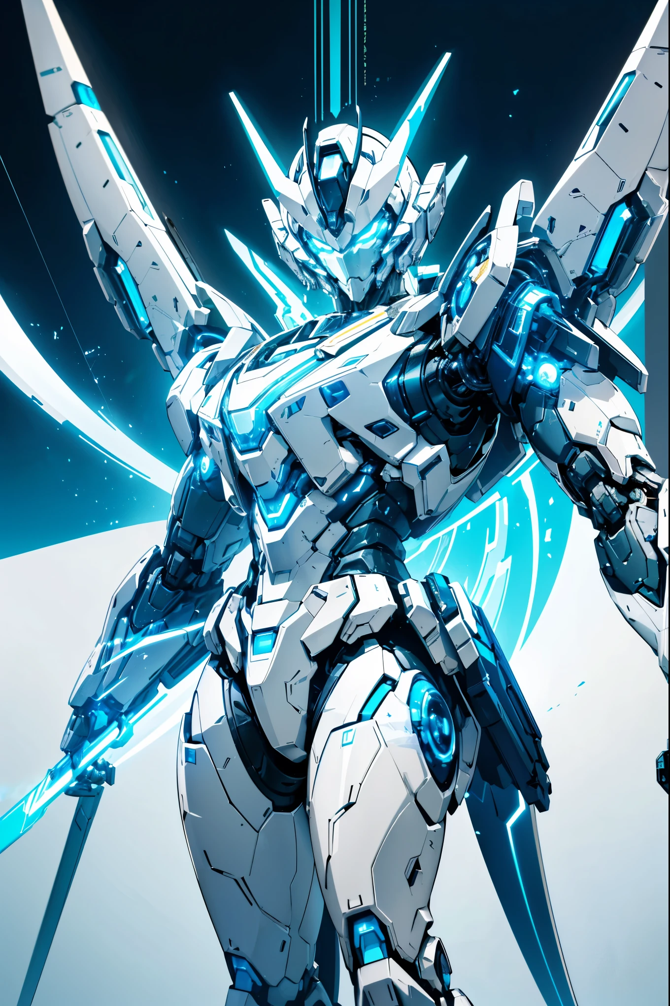 science fiction, robot, mecha, robot joints, (white body), daylight, full body, outdoors, (facing viewer), cyan details on body, golden details on body, cybernetic body, blue glowing eyes, (two curved blades on each side of the head), floating, blue electric energy on background, ((looking at viewer)), day time