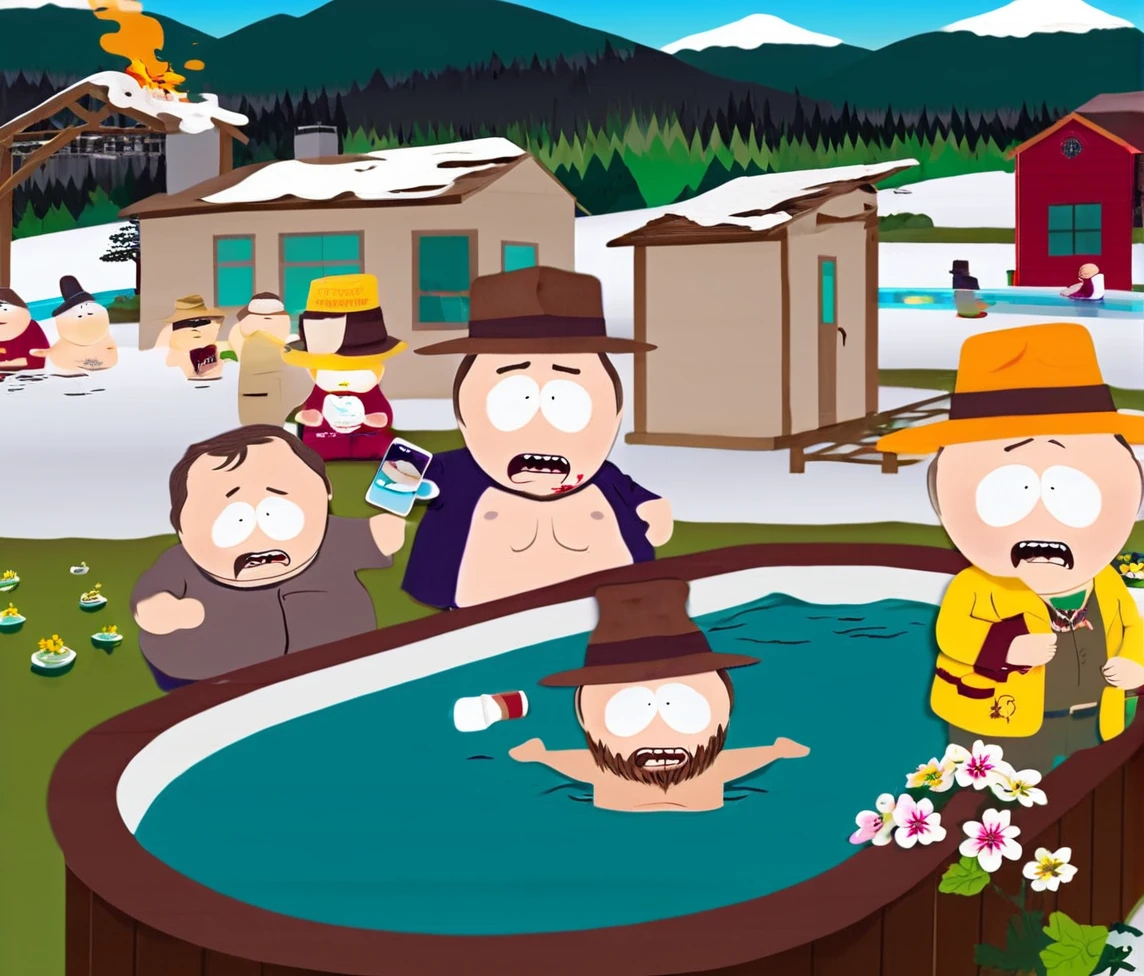 Dr Mephesto holding 2 Samsung Galaxy Phone sitting at Hot Tub on Hot Springs and Too much Blood, Big Large Fat Man, Gray Eyebrow, White Skin, Light Tan Straw Hat, Amber Long sleeve Hawaiian Flowers shir,t Brown pant, Crazy Happy, Nosebleed, South Park Style, Center by Trey Parker and Matt Stone 