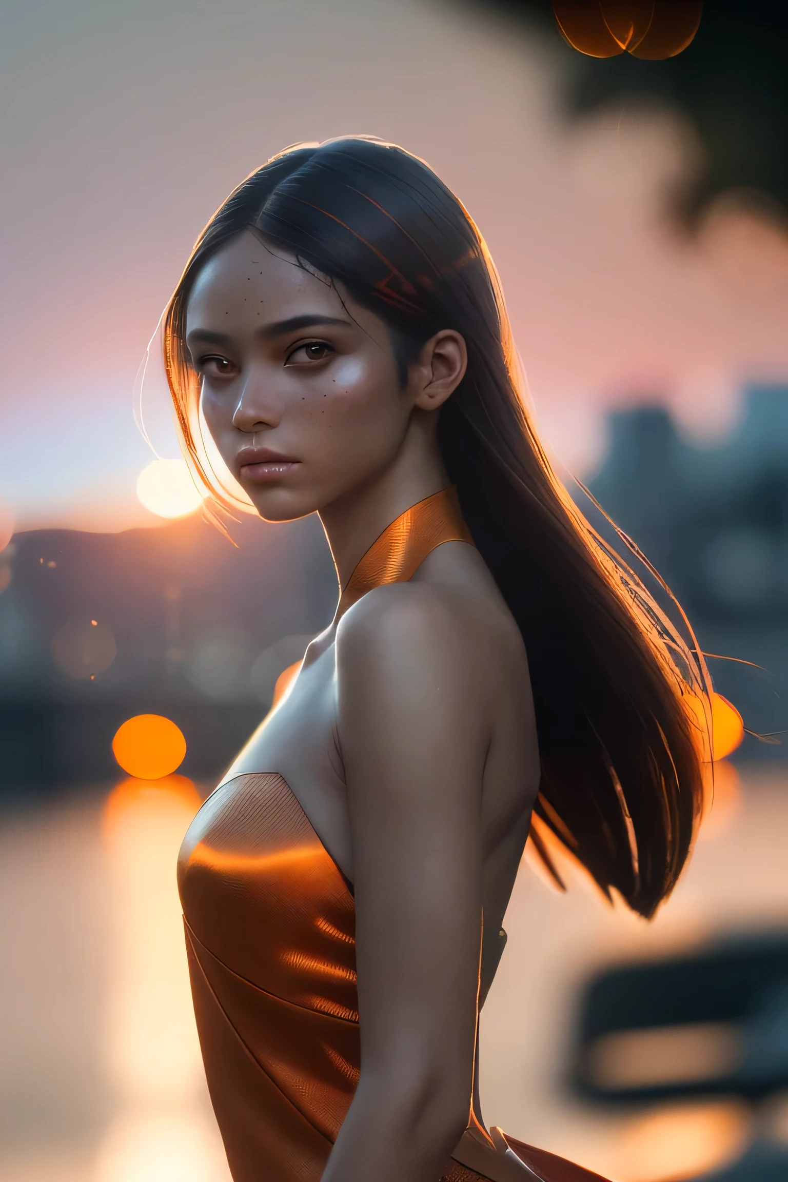 (masterpiece), (very complicated:1.3), (realistic), girl portrait, the most beautiful in the world, (insect-like wings), scale powder reflection, fashion model posing, outdoor, intense sunlight, distant shore, Stunning female professional photo details, sharp focus, dramatic, Award history, cinematic lighting, Octane Rendering Unreal Engine, volumetrics dtx, (film grain, blurred background, blurred foreground, Bokeh, Depth of the bounds written, sunset, motion blur:1.3), thin orange clothing