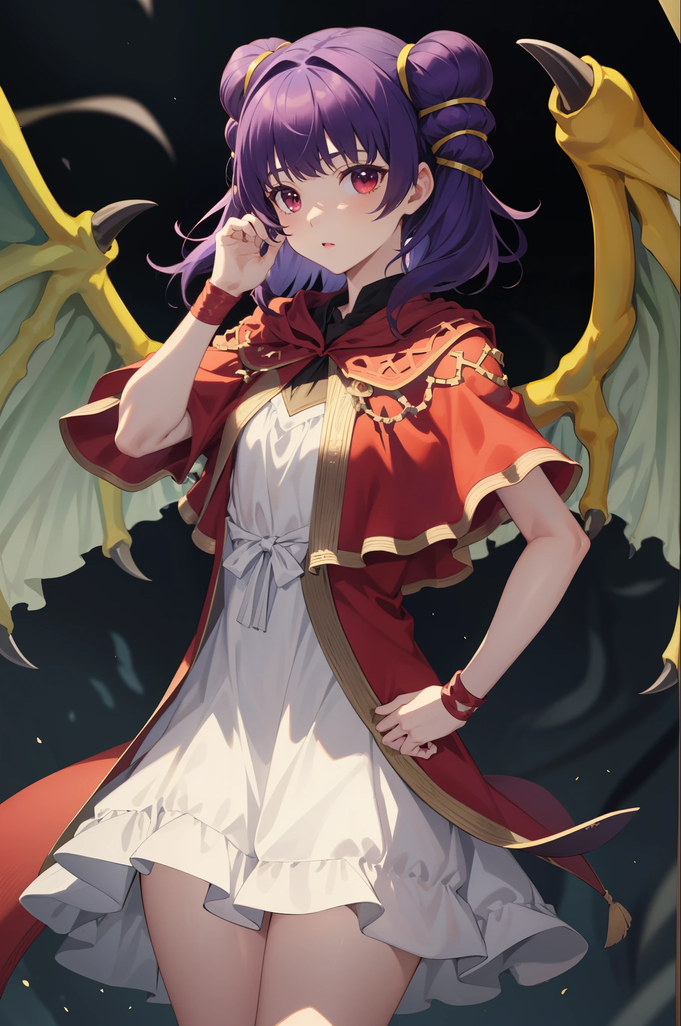myrrh_fe, white dress, wristband, dragon wings, purple hair, upper body, cowboy shot