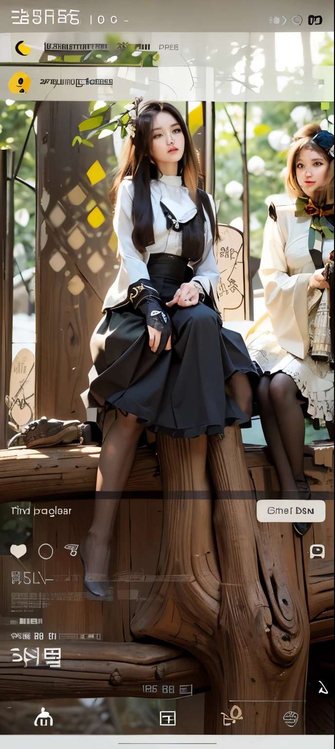 ((best quality)), ((masterpiece)), (detailed), perfect face, Arapé woman sitting on a log in the forest, korean beauty, thighs and skirt, different actions, stockings, 