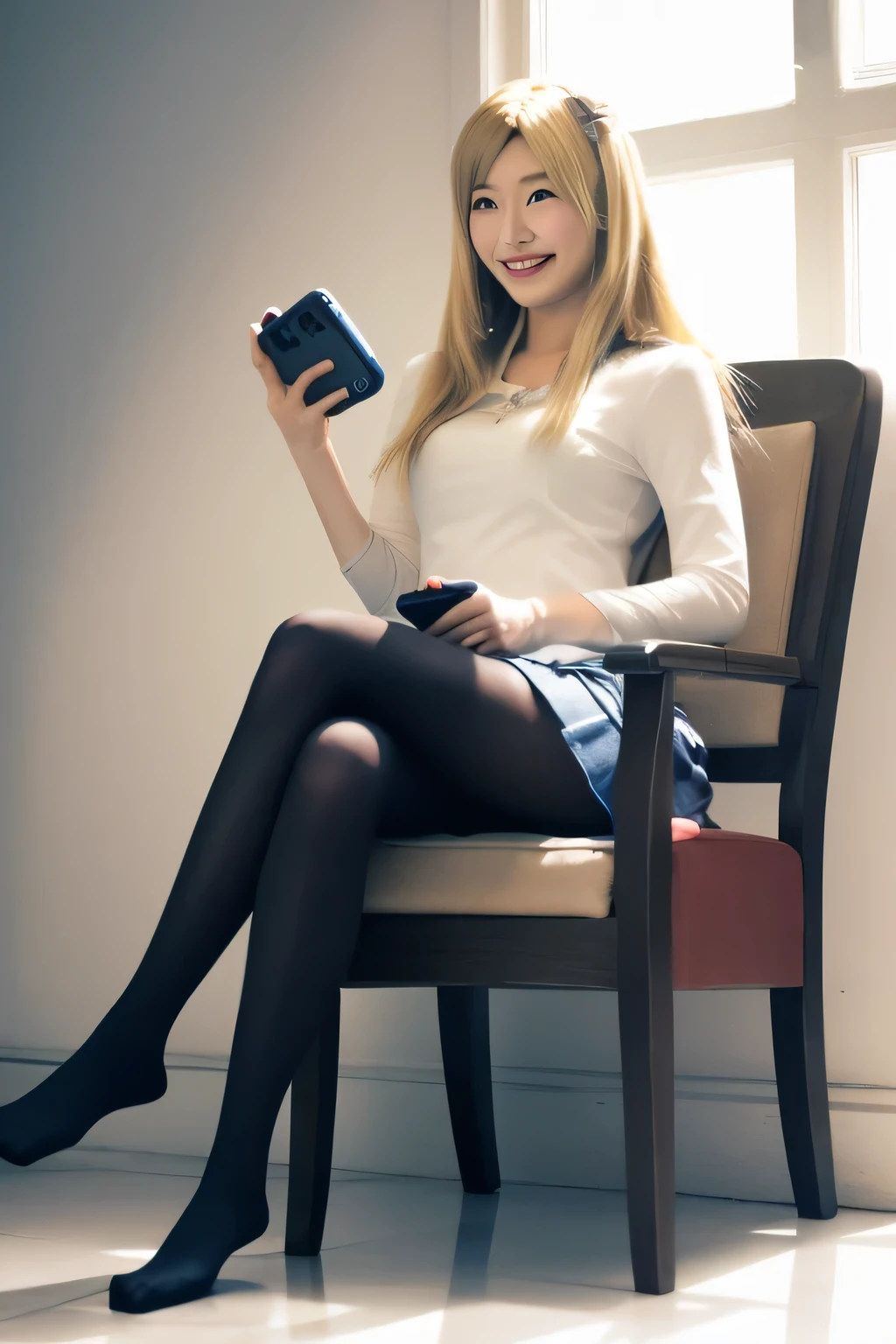 yoshida akihiko, 

1 girl, black pantyhose, black hair、smile、cameo, casual, Chair, contemporary, cosplay, cover, cover page, crossed legs, dragon, portable game console, lips, long hair, miniskirt, i don&#39;t&#39;don&#39;t have shoes, pantyhose, sitting, skirt, rolled up sleeves, alone, Video game, white mage \(cosplay\), window, chocobo, Slime \(dragon quest\), white mage, original, Final Fantasy, dragon quest, square Enix,Wear slippers、black hair、smile、beautiful teeth