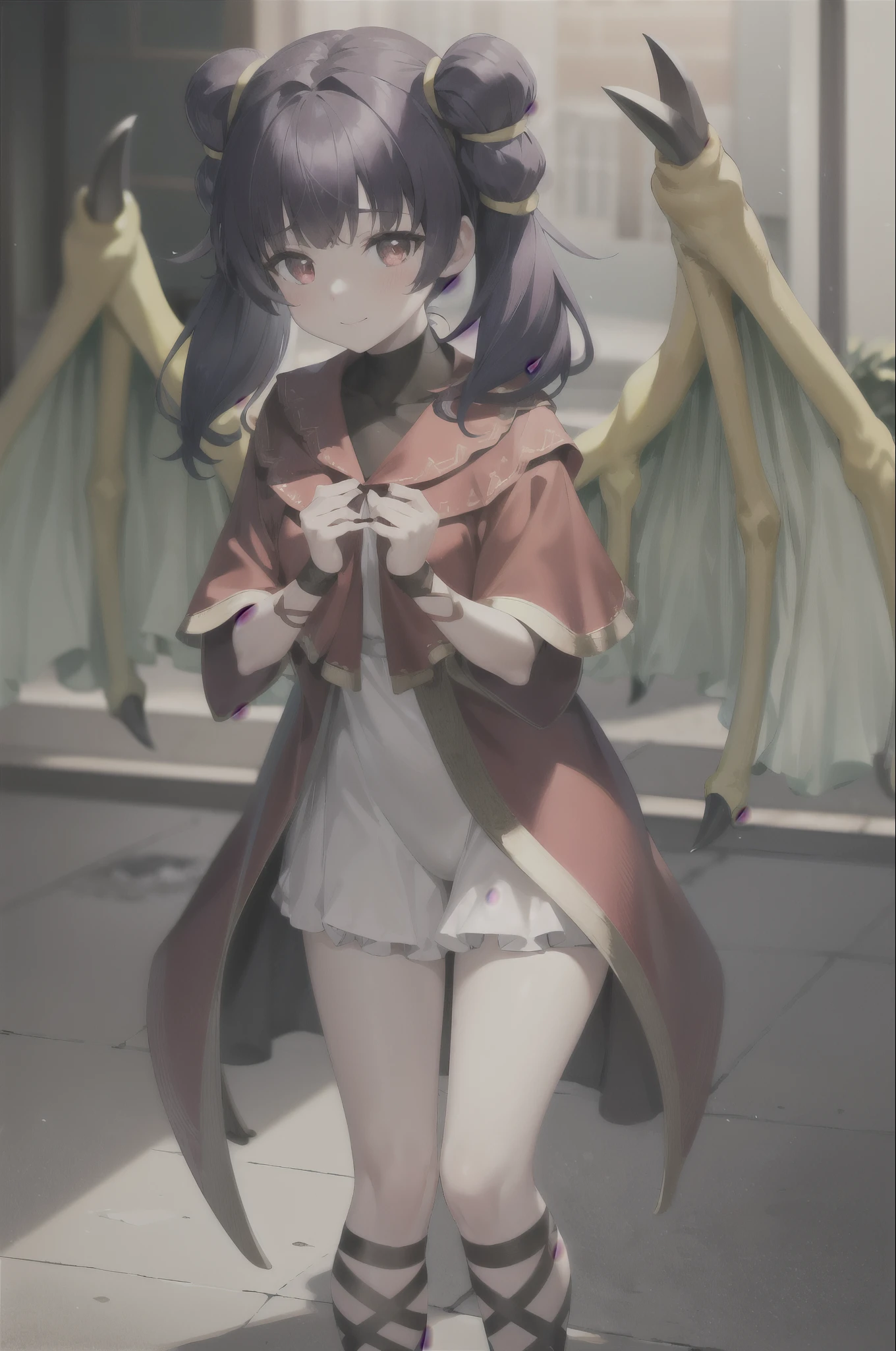 masterpiece, best quality, absurdres, 1girl, standing ,light smile, multi-tied hair, red eyes, blush, myrrh_fe, dragon wings,