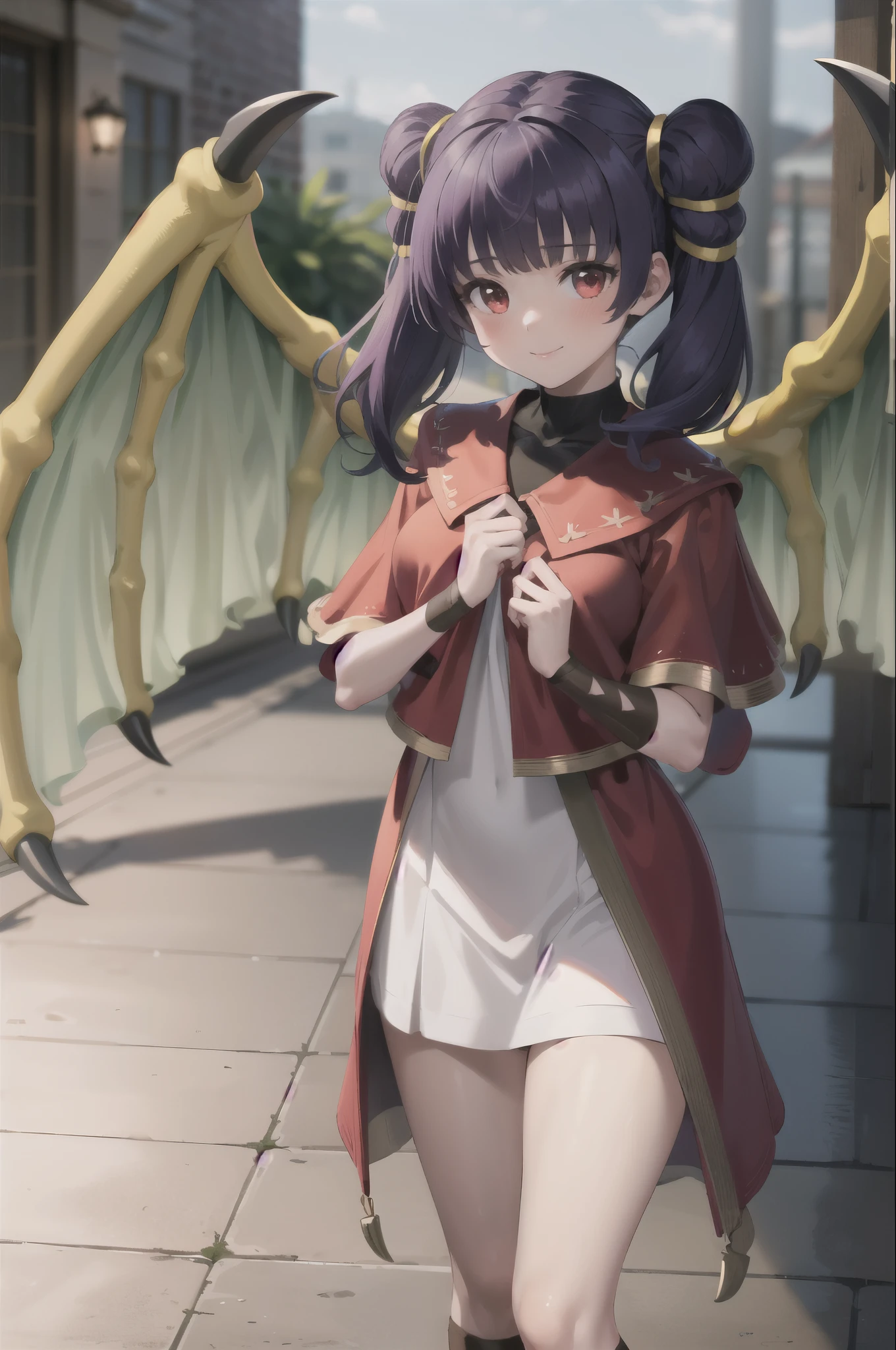 masterpiece, best quality, absurdres, 1girl, standing ,light smile, multi-tied hair, red eyes, blush, myrrh_fe, dragon wings,