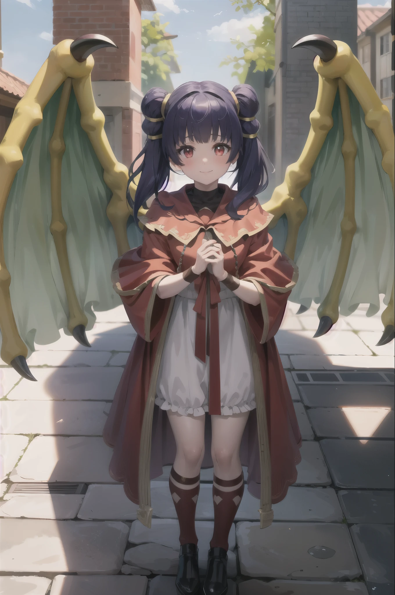 masterpiece, best quality, absurdres, 1girl, standing ,light smile, multi-tied hair, red eyes, blush, myrrh_fe, dragon wings,