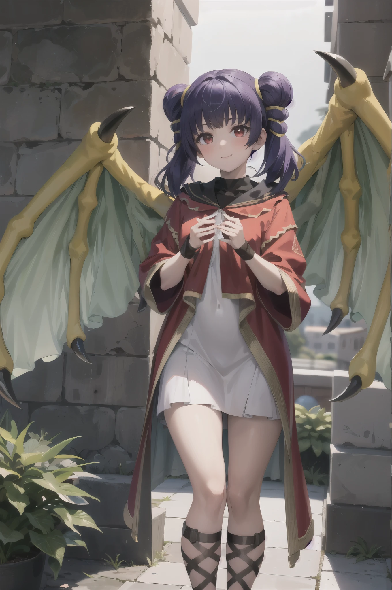 masterpiece, best quality, absurdres, 1girl, standing ,light smile, multi-tied hair, red eyes, blush, myrrh_fe, dragon wings,