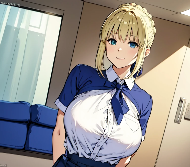 one very young slim fit girl, full height, rounded face, big blue eyes, shy smile, perfect huge breasts, pioneer neckerchief, micro tight blue pleated skirt, bangs, tight white shirt, short sleeves, collared shirt, belt, red neckerchief, breast pocket, braid, hair ribbon, blue ribbon, short curly fluffy blonde hair, saber