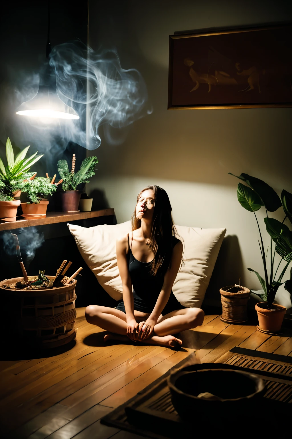 (((masterpiece))), 8k Resolution, highly detailed, perfect anatomy, One long-haired woman is floating inside the room, meditating in zazen meditation with the addition of a cigarette. The room is filled with houseplants, candles, and incense smoke. The woman and the alcove are lit, and the woman is also enveloped in a faint light.