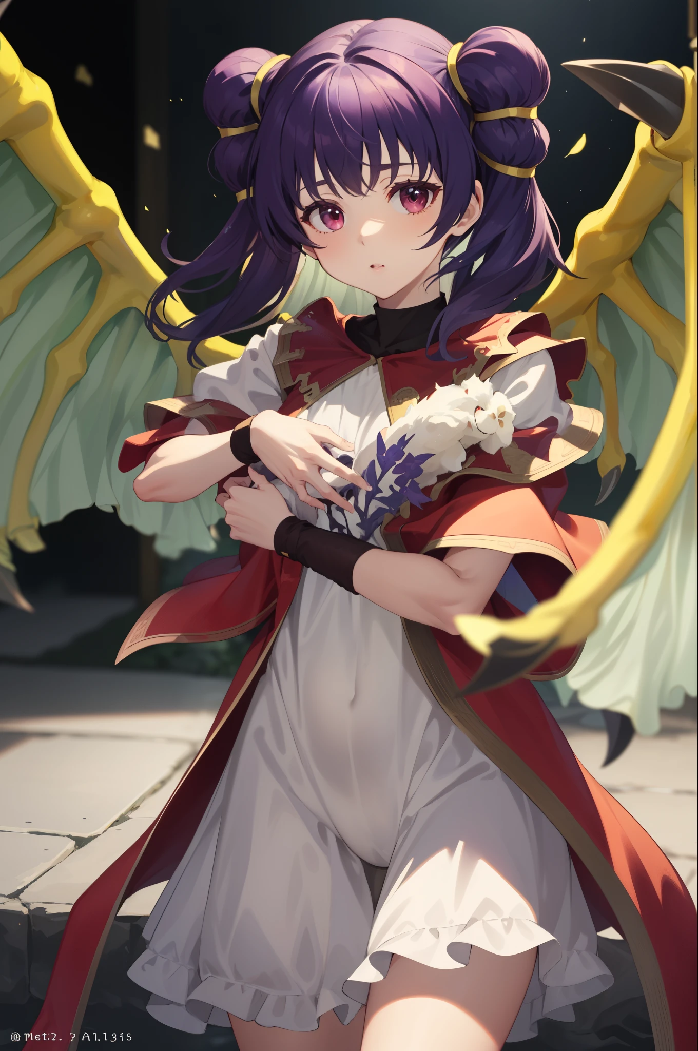 myrrh_fe, white dress, wristband, dragon wings, purple hair, cowboy shot, upper body, incoming hug