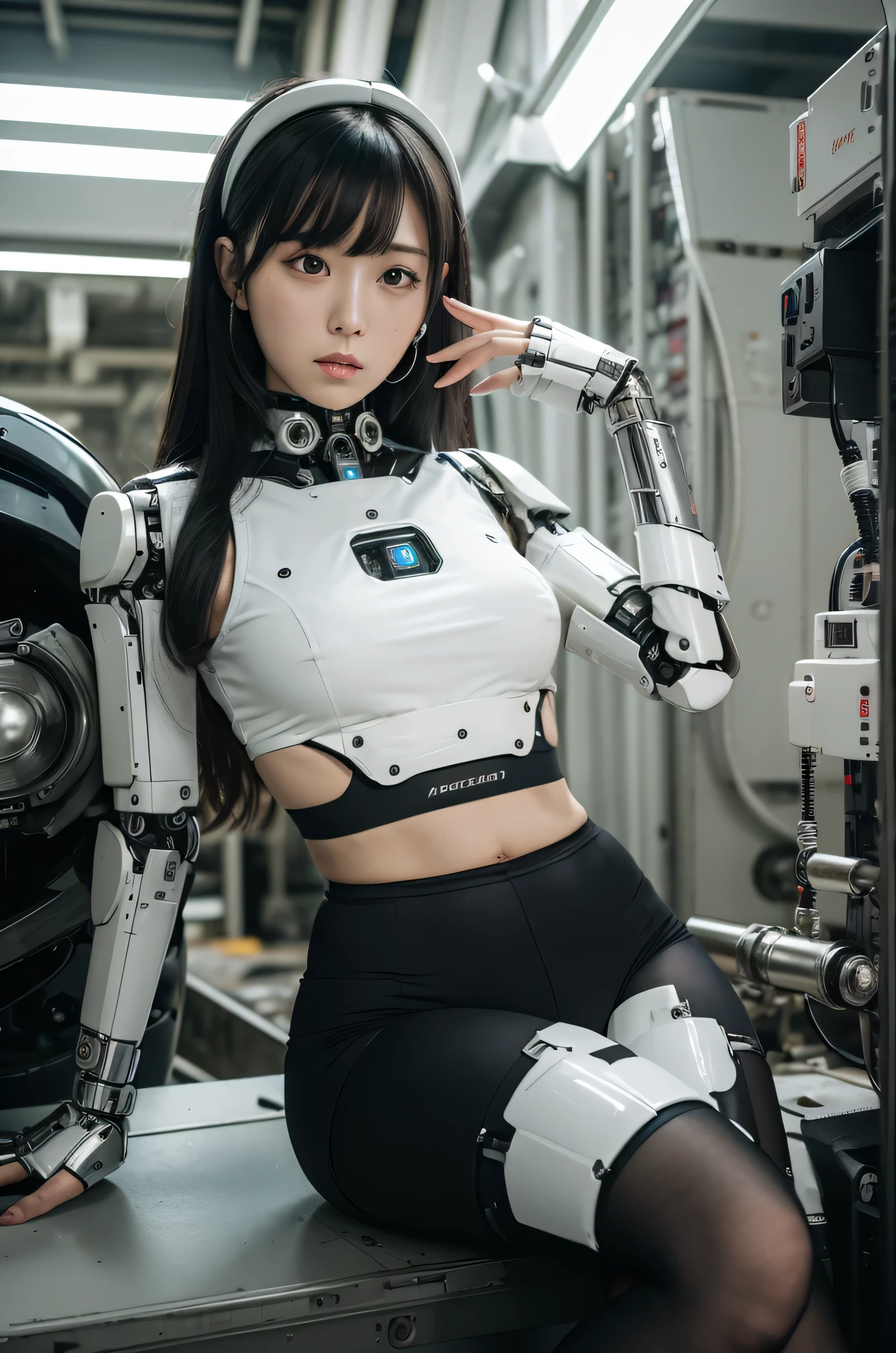 masterpiece, Best Quality, Extremely detailed, 8K Portrait,Japanese android girl,Plump ,control panels,android,Droid,Mechanical Hand, ,perfect robot woman,Robot arms and legs, Black hair,Mechanical body,white robot body,Blunt bangs,Charging spot,She is charging now, mechanical ear covers,android,robot humanoid,black short pants,darkblack tights,She has disassembled,scrap yard
