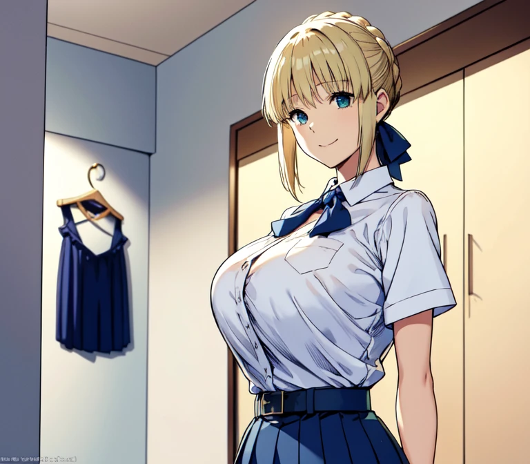 one very young slim fit girl, full height, rounded face, big blue eyes, shy smile, perfect huge breasts, pioneer neckerchief, micro tight blue pleated skirt, bangs, tight white shirt, short sleeves, collared shirt, belt, red neckerchief, breast pocket, braid, hair ribbon, blue ribbon, short curly fluffy blonde hair, saber