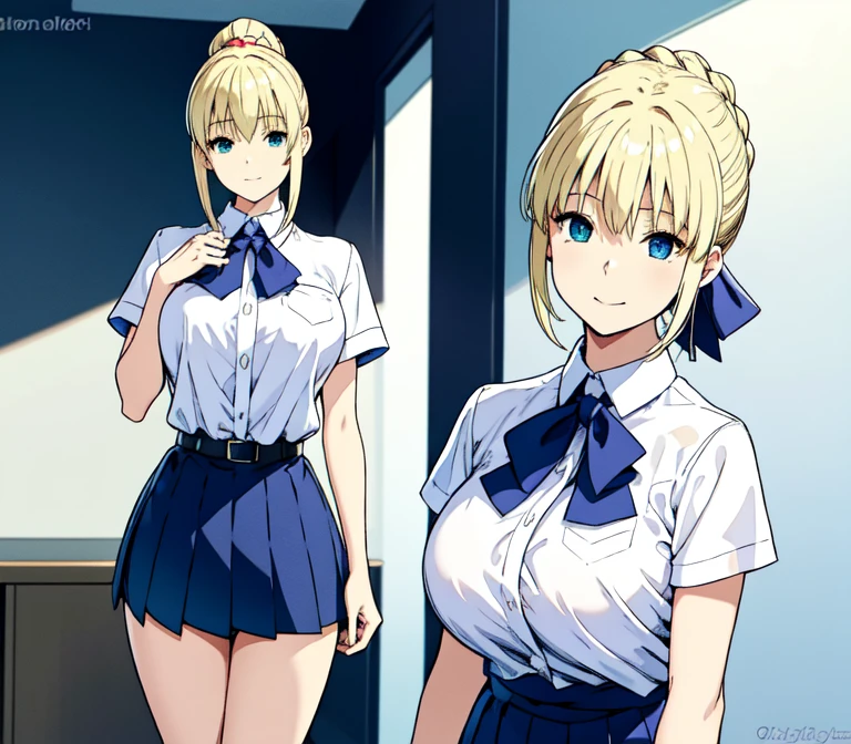 one very young slim fit girl, full height, rounded face, big blue eyes, shy smile, perfect huge breasts, pioneer neckerchief, micro tight blue pleated skirt, bangs, tight white shirt, short sleeves, collared shirt, belt, red neckerchief, breast pocket, braid, hair ribbon, blue ribbon, short curly fluffy blonde hair, saber