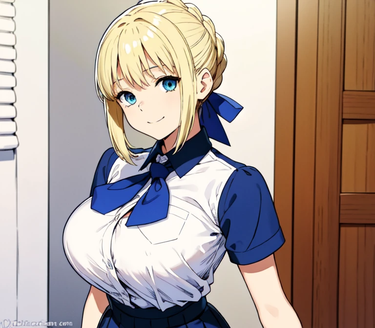 one very young slim fit girl, full height, rounded face, big blue eyes, shy smile, perfect huge breasts, pioneer neckerchief, micro tight blue pleated skirt, bangs, tight white shirt, short sleeves, collared shirt, belt, red neckerchief, breast pocket, braid, hair ribbon, blue ribbon, short curly fluffy blonde hair, saber