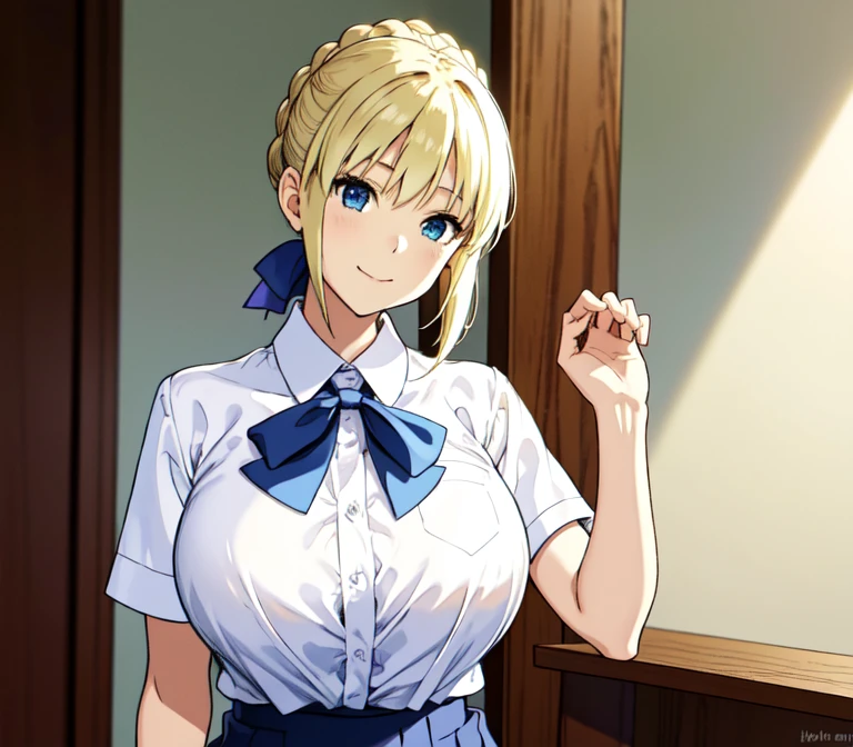 one very young slim fit girl, full height, rounded face, big blue eyes, shy smile, perfect huge breasts, pioneer neckerchief, micro tight blue pleated skirt, bangs, tight white shirt, short sleeves, collared shirt, belt, red neckerchief, breast pocket, braid, hair ribbon, blue ribbon, short curly fluffy blonde hair, saber