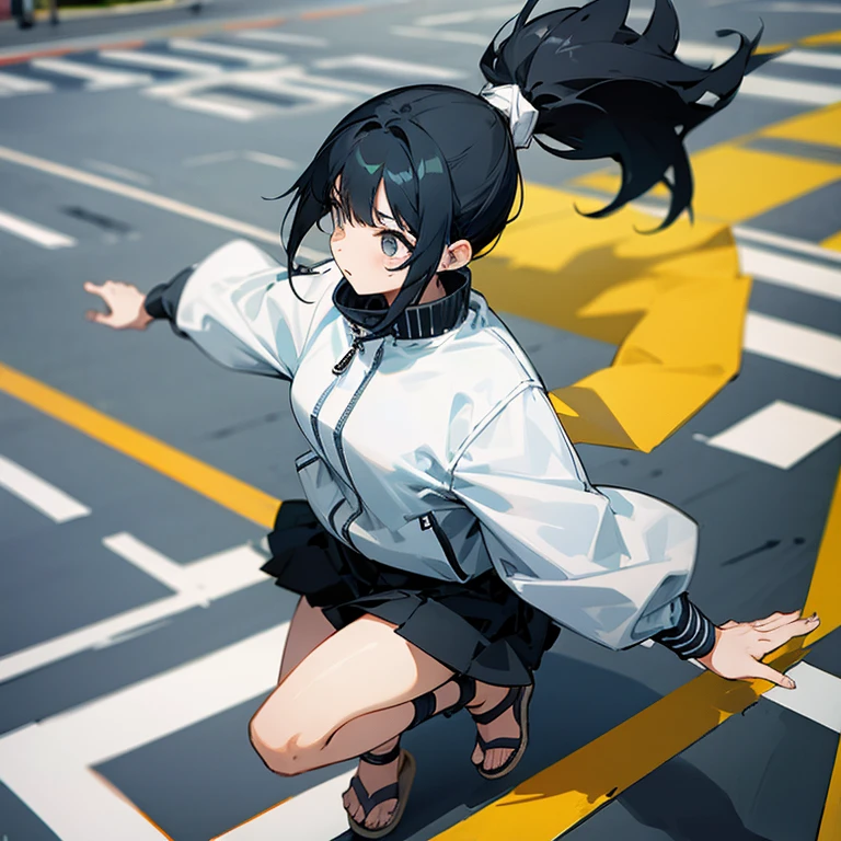 woman、black hair、ponytail、Jacket、sandals、pedestrian crossing