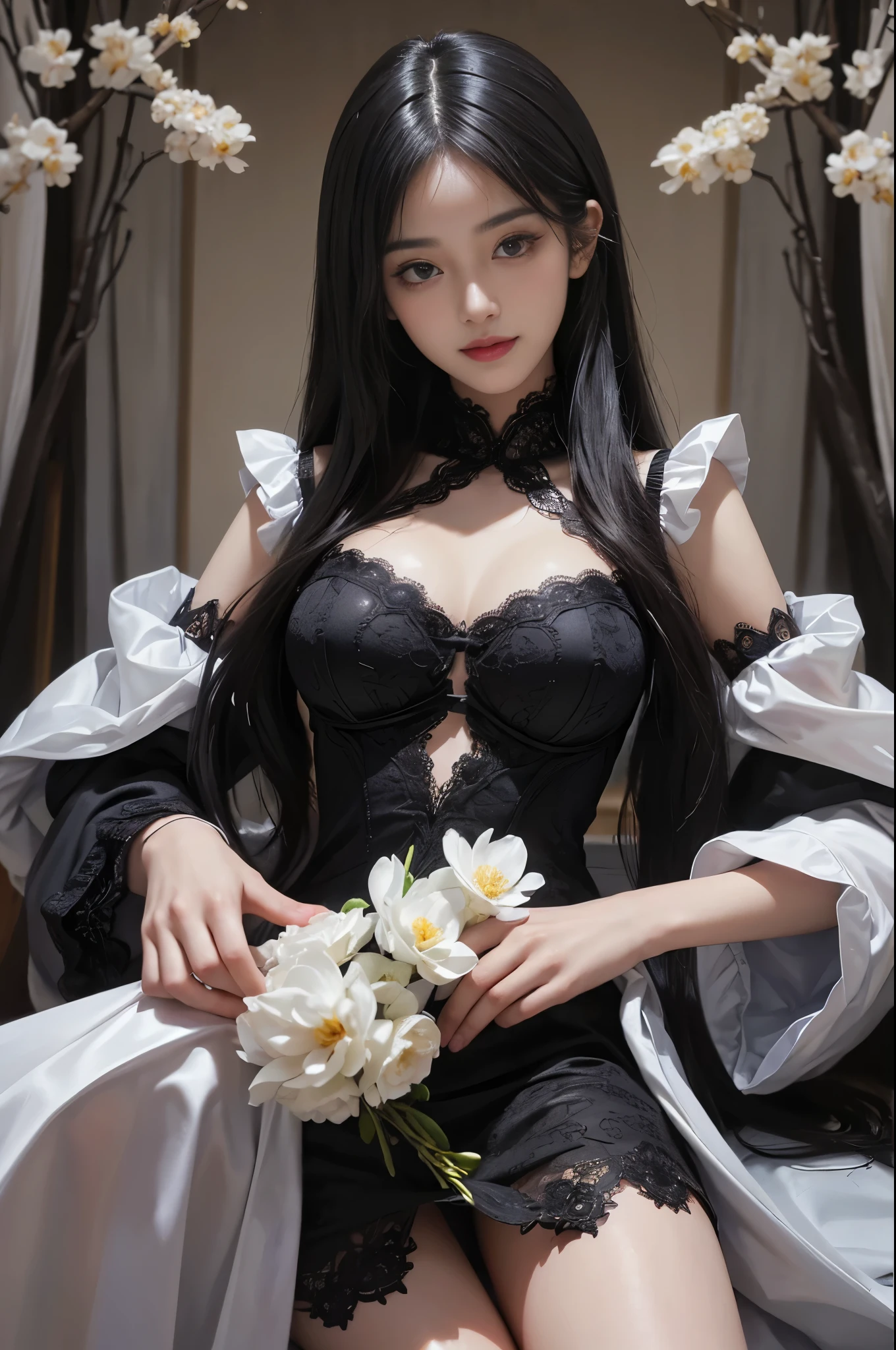 best quality、tmasterpiece、ultra high resolution、actual、1 girl、Glossy skin、((Surreal detailed))、Global photo、8K、Highly complex details、shinning eyes、Black straight hair、highkey、pureerosfaceace_v1、A smile、Elegant pose、plump breasts、Dark ultra-thin transparent lace、Lots of flowers in the background