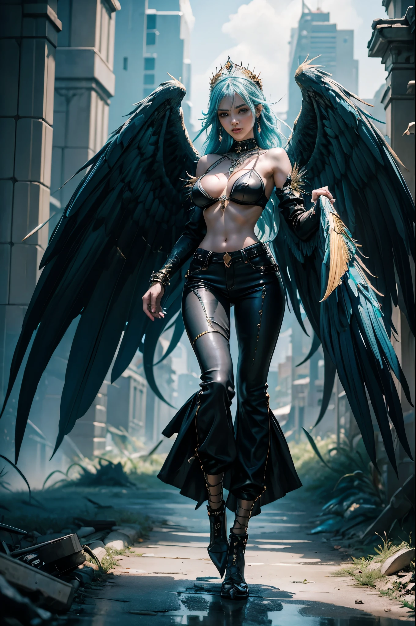 4K,A high resolution,One woman,harpy,light blue hair,a long tail,huge breasts,big white wings,Orange claws,queen,Queen&#39;s tiara,Black high-cut trousers,black bra,JewelryUltra-detailed digital art masterpiece, detailed face, full view, cyberpunk, Edgerunners in white gold, tribal cyber punk edge runners, Cyper punk, gold and white wings on the back,tropical night city, exotic, Tom Bagshaw, Anne Bachelier, смешанный с элементами темного cyberpunkа, dark environment , Very dark night , Without makeup, natural face, Abstract , big shiny eyes, crazy facial expression, super-detailed atmospheric details, beautiful glowing effects , glitter effects , Realistic body proportions , beautiful facial proportions, A complex masterpiece, green hair, colorful beautiful hairstyle, glowing detailed tattoos, complex physics, Improved colors, Additional colors, hyper-detailed reflections, Ultra detailed complex background, the environment seems alive, from BoneAge🦴