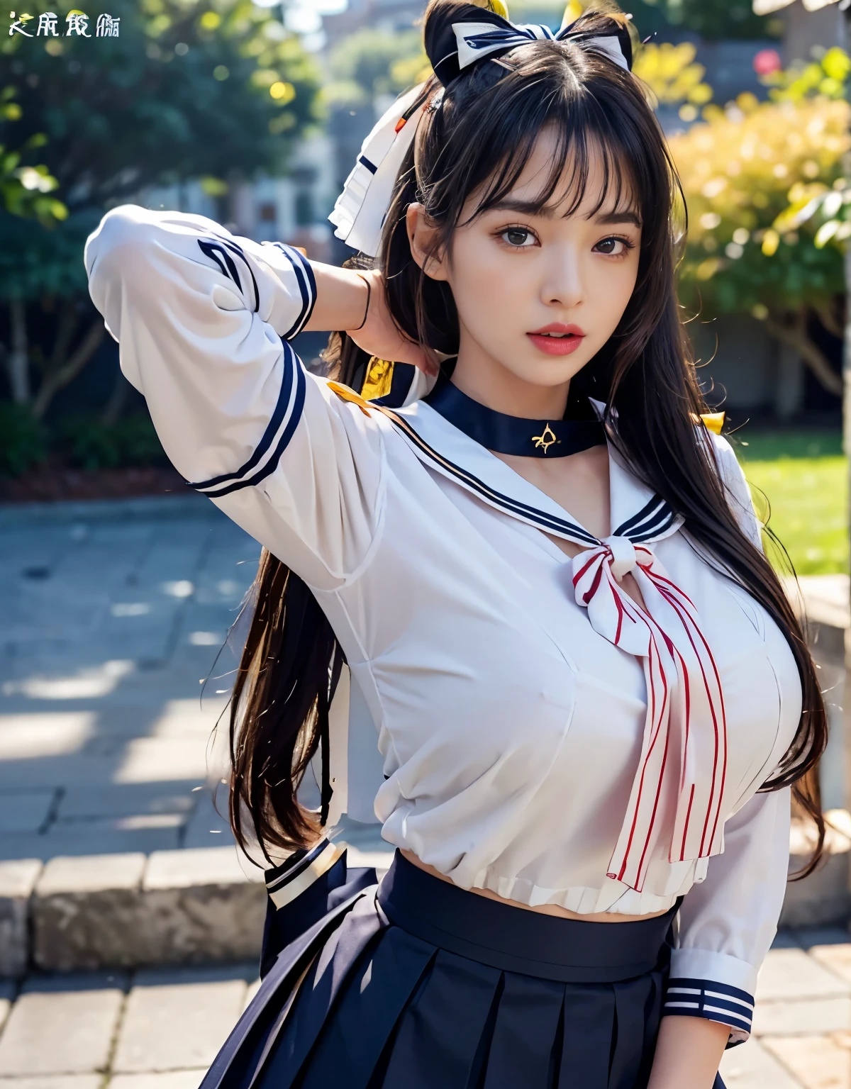 (((very heavy chest))),NSFW, 16k raw photos, highest quality, masterpiece, ultra high resolution, ((She is wearing Beautiful exposed redShe is wearing (a high school sailor uniform).
(navy sailor collar:1.4),(white shirt:1.4),(navy pleats skirt:1.4),(navy bow:1.4))).movie, 1 girl,((attractive expression)),eyes shine、 looking at the viewer, natural skin texture very heavy chest))),((( metal black ribbon around the neck))).star handle mold、((yellow eyes)),Realistic eye and face details, lip whole, lipstick makeup), fluffy ponytail hair, laughter, Beautiful feet, tall woman, ((glowing skin)),((Beautiful armpit)), slim_feet, huge breasts, cleavage, beautiful natural places, beautiful flower garden、(detailed background,highly exposed, huge breasts, blurred background,, JK ribbon on the neck, jk ribbon, golden hair, bracelet, water, bangs, split your lips、armpit、beautiful hip line、glowing skin、(((eyes shine brightly))),lotion skin、High leg、((black hair)),highly exposed、Skimpy pink luxury fur coat、beautiful sea background、wind effect、