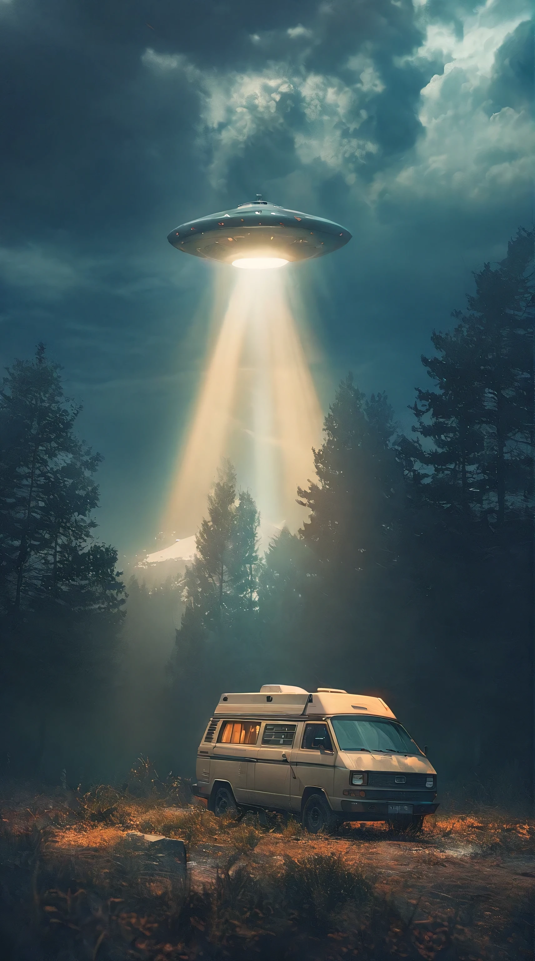 (best quality,4k,8k,highres,masterpiece:1.2),ultra-detailed,(realistic,photorealistic,photo-realistic:1.37),HDR,UHD,studio lighting,ultra-fine painting,sharp focus,physically-based rendering,extreme detail description,professional,vivid colors,bokeh,cinematic photography,wide shot, A UFO kidnaps people using the light beam,camper van