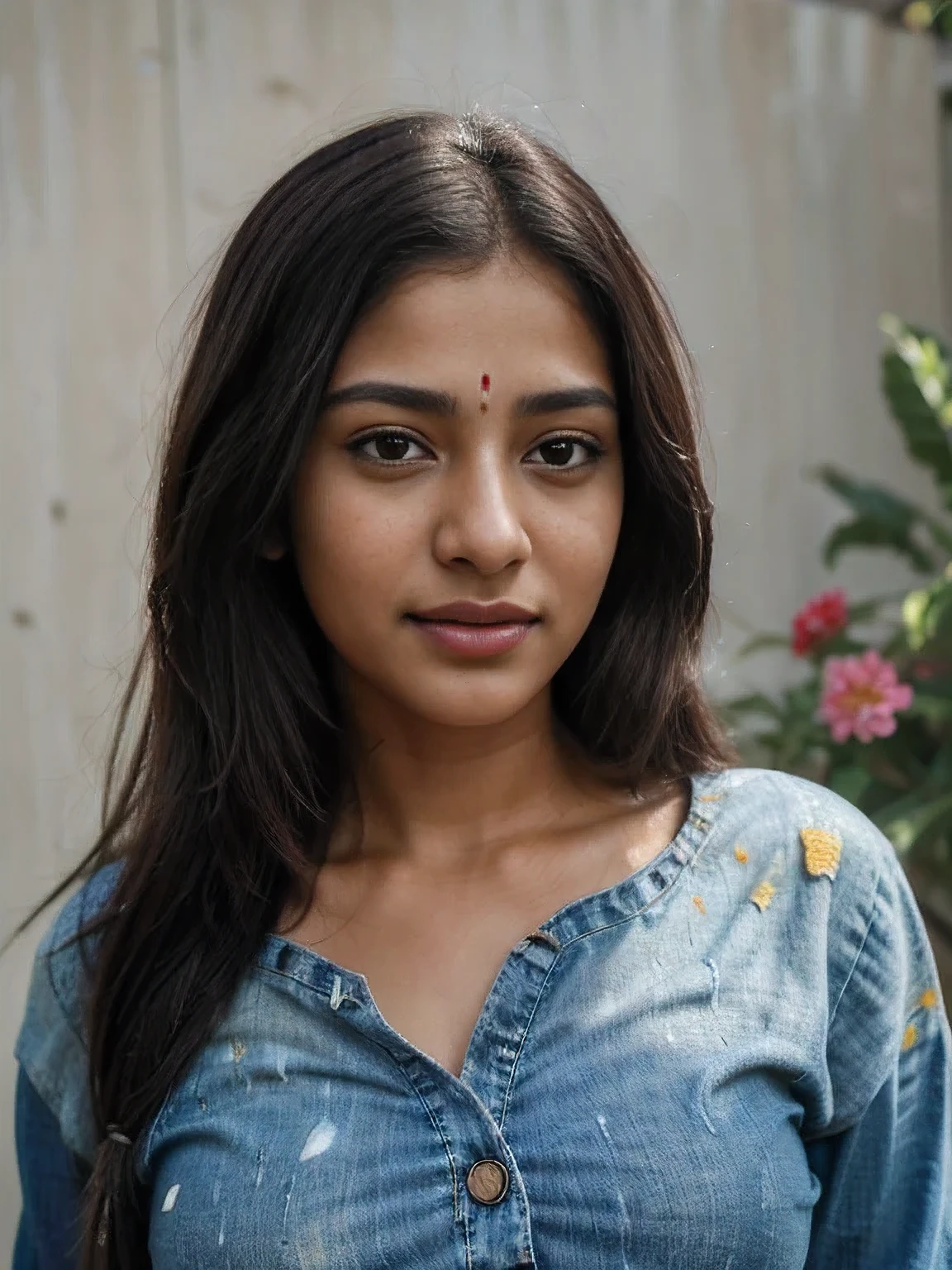 (best quality, ultra-detailed, realistic:1.37), professional, beautiful detailed eyes, beautiful detailed lips, detailed facial features, natural skin tones, perfect skin texture, delicate facial expressions, image in high resolution, realistic face, realistic skin, plain face, natural smile, highly detailed hair, 18yo, (Kiran, beautiful Indian young woman), expresses her artistic side in a creative ensemble, combining a paint-splattered shirt with jeans and carrying paintbrushes. The high-resolution image captures ultra-detailed realism, highlighting Kiran's captivating eyes, expressive lips, and graceful facial features. The vibrant art studio backdrop and colorful artwork create a visually captivating representation of Indian creativity and passion for the arts. straigth:1)