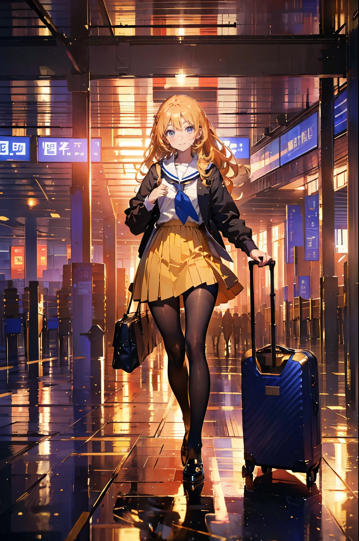 (masterpiece), (best quality), masterpiece, best quality, (top-quality、in 8K、32K、masterpiece、nffsw、超A high resolution、Impresionismo、Photorealsitic:1.2)、Full body, (airport:1.4)、realistic shadow、beauitful face、blurry backround、16-year-old beautiful girl、shinny skin, Beautiful golden hair、Wavy Hair、Medium Hair、blue eyess、Stewardess uniform、pantyhose、Black shoes、A smile、Carry Case、thighs thighs thighs thighs、