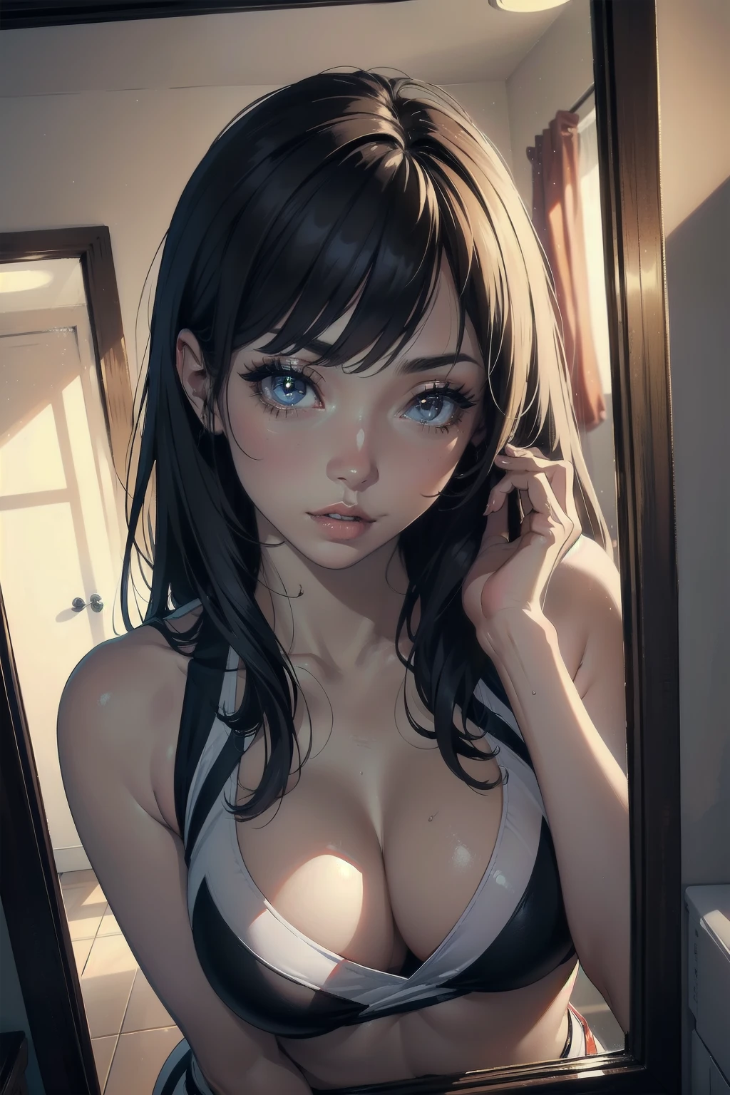 (because it includes specific human attributes, please include all the following attributes clearly: detailed eyes, detailed lips, extremely detailed eyes and face, long eyelashes) 1 sexy cheerleader, POV, beautiful and sexy, cheerleader, sexy cheerleader, mirror, lustful eyes, turned on, self-reflection mirror, self-reflection, horny eyes, self-adoration, lust, detailed eyes, detailed lips, extremely detailed eyes and face, long eyelashes, seductive gaze. she want to touch herself, exploring own body sensually