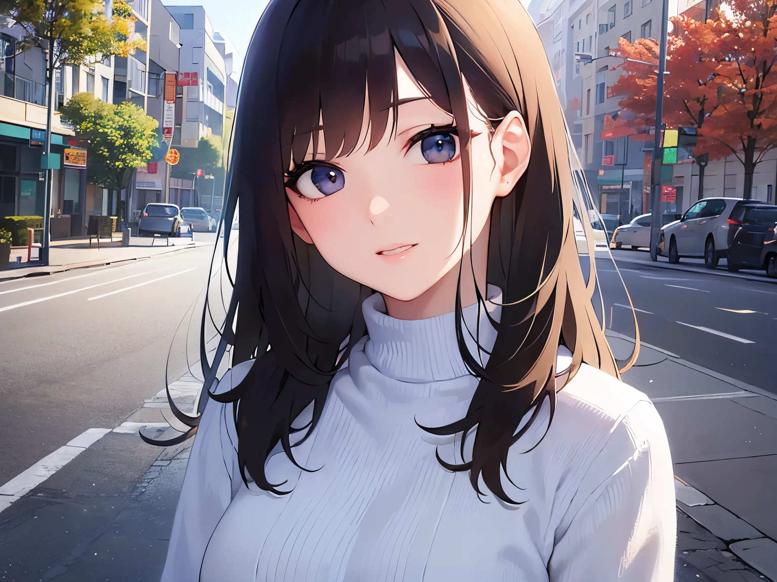 (put up index finger:1.2), head tilt、Biologically correct five fingers、Upper Body, Realistic, real person, (pale skin: 1.2), RAW photo, photorealistic, portrait photography, shiny skin, japanese idol、shiny hair、(25 year old woman with medium hair with bangs) and (wavy hair) and (brown hair) and (orange eyes) , (White turtleneck top) 、smile, embarrassed、The background is the office front desk.、Alone、Are standing