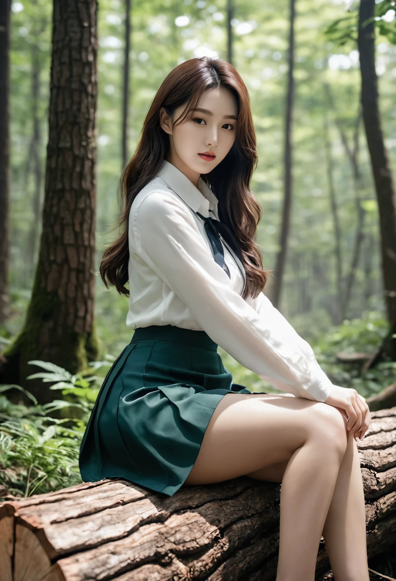 ((best quality)), ((masterpiece)), (detailed), perfect face, Arapé woman sitting on a log in the forest, korean beauty, thighs and skirt, different actions, stockings, 