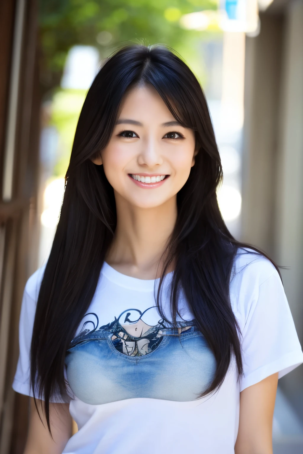 Skinny Japanese woman, 30 years old, ((1 woman)), (((Black-long-hair))), (masterpiece：1,3) top-quality, high resolution, Original, highly detailed wallpaper, jeans, (A slight smile), a small face, detailed face, detailed eyes, ((small breasts), (Very thin waist)), (Graphic T-shirt), (light on face), feminin pose, Beautiful facial features, at cafe, full-shot, full length