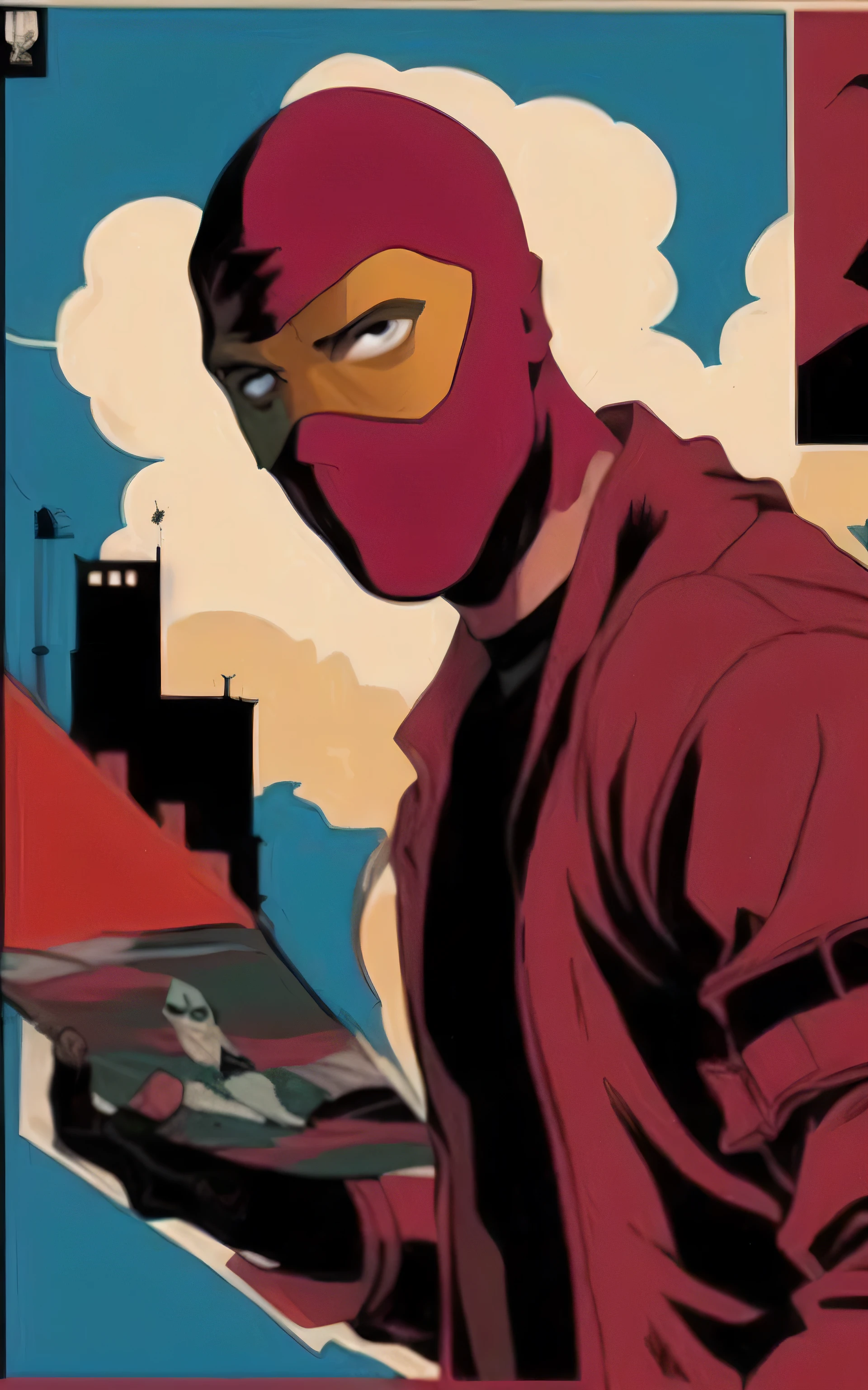 clear eyes, dared dared the man who laughs about the world, daredevil, inspired by Victor Mosquera, inspired by Steve Dillon, daredevil portrait, martin ansin, darwyn cooke, frank miller style, by Matt Stewart, by Justin Sweet, ninja, inspired by Frank Miller, image comics, by Victor Mosquera, bob larkin and tomer hanuka, by Paul Bird