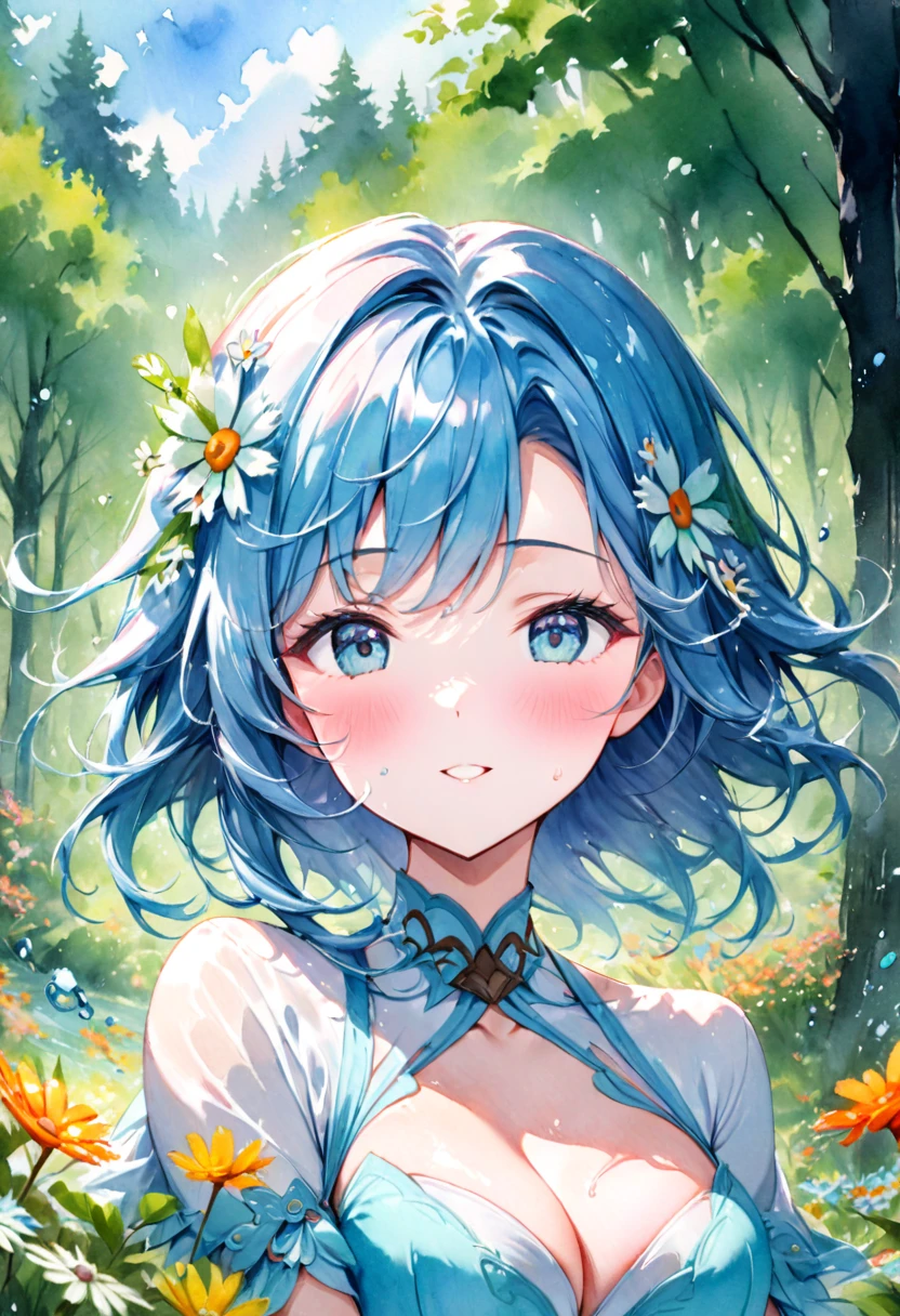 (best quality),(masterpiece:1.2), (colorful:0.9), (ink splashing),(color splashing),((watercolor)), clear sharp focus, model shot,, (portrait goddess of spring:1.5), cute expression,elegant blue colored hair, beautyfull detailed face and eyes, elegant goddess clothing, spring forest background,, colorwater