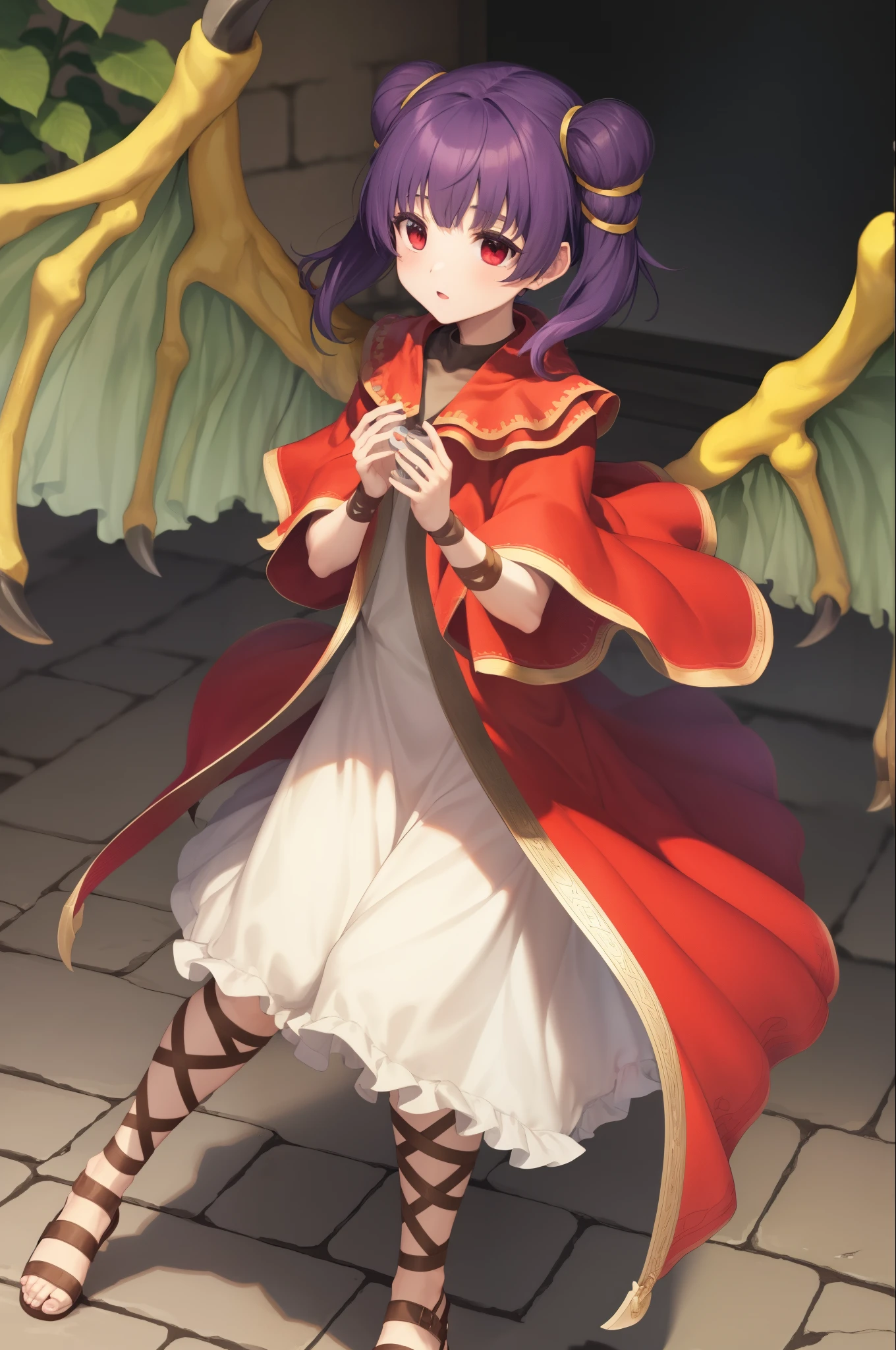 myrrh_fe, white dress, sandals, wristband, dragon wings, purple hair