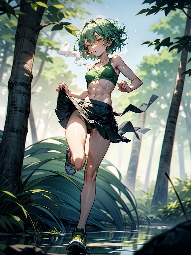 girl with green hair, yellow eyes, small eyes, big long mouth, short hair, abs, small breast, wearing a green bra, wearing string, wearing running shoes, wearing a skirt, smoking girl, the character smokes a cigarette, the character is a smoker, nature, forest, outside, she's exhausted, she's wet, she's running, ambient smoke, long legs