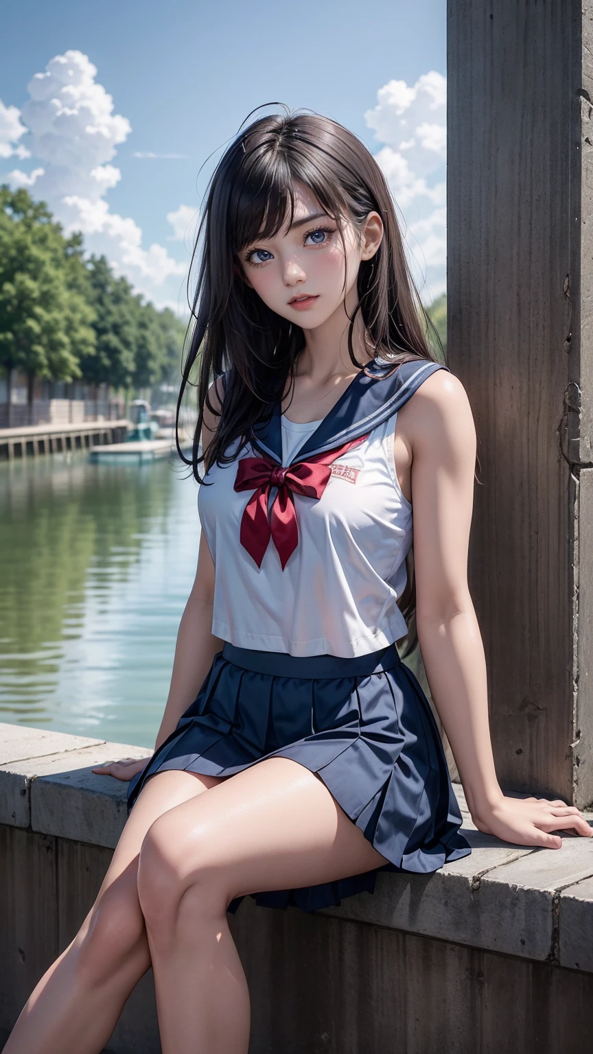 1 lady, HD quality, anime, solo full body shot, beautiful detailed face, (sitting with hands back:1.3), (open legs to limit:1.3), (with one knee up:1.3), (showing pubic area:1.6), (under boob:1.5), (Large breasts), (cleavage), shiny skin, (oiled skin:1.5), smiling, (thin thighs:1.8), (Sailor uniform only for the upper body:1.5), (Crop Top sheer white shirt:1.5), (sleeveless:1.6), without brassiere, (sheer white tiny micro thong:1.5), poolside, (Green detailed eyes), blue sailor collar, high-heeled shoes, red ribbon tie